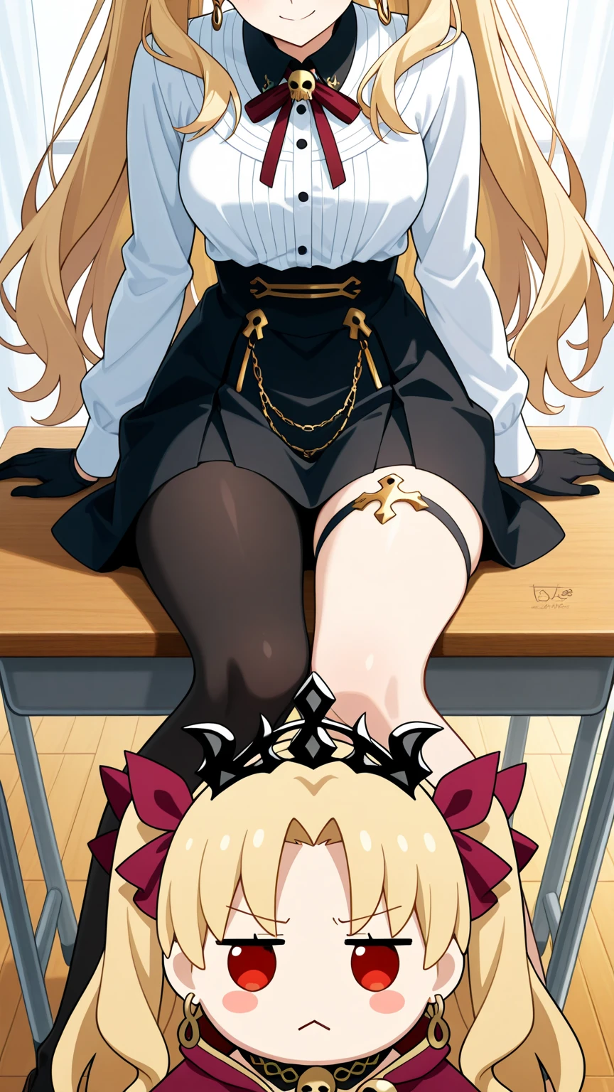 prison, concrete wall, concrete floor, ((bare shoulders)), ((black bustier)), ((black stockings)), ((black g-string)), ((black high heels)), ((black garter belt)), ((black elbow gloves)), ((chair)), ((female sitting in a chair)), ((evil grin)), ((otk spanking)), ((1girl spanking 1boy)), ((stare at viewer with stern eyes)),
One person,  Long Hair, Purple eyes,  chest, Ahoge,   very Long Hair,   large breasts, ribbon,  hair ribbon, ponytail,  bangs,
