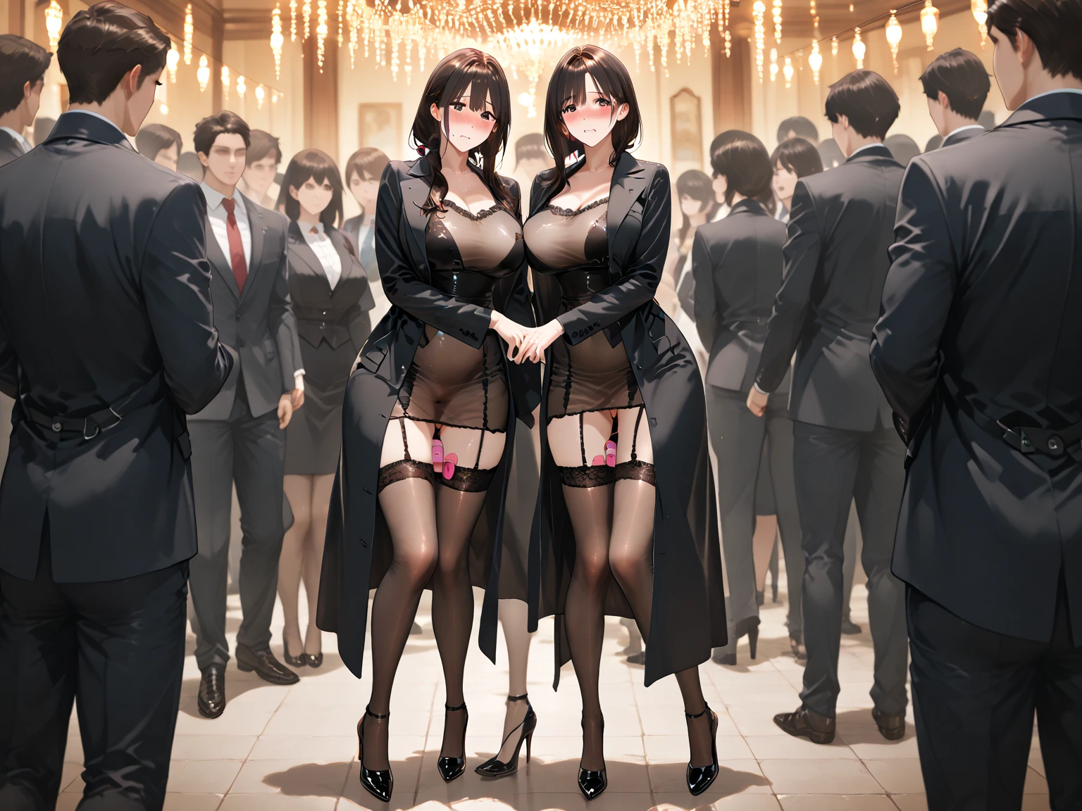 ((一人のWoman in underwearはセクシーにOffice corridorを歩いている:1.8), Beautiful Anime Women, Beautiful art style, Anime characters, ((Smooth texture, Realistic texture, Anime CG Style)), ((Highest quality)), (Very detailed), (Very detailed CG 統合 8k 壁紙), Very detailed, High-resolution RAW color photos, Professional photography, (Brown Hair, Stylish hairstyle:1.1), Great face and eyes, Beautiful and big breasts, Slender body, (Stunningly beautiful woman), (Detailed face:1.2), (Office corridor, Many men in suits are walking in the background, There is a window in the hallway:1.3), ((Bow tie around neck:1.3), (Black high heels:1), (Sexy and cute light purple underwear:1.3), (Stylish shiny light purple satin panties, Side-tie panties, The panties are plain light purple in the center with lace decoration on the sides.:1.3), (Thin panties:1.3), (Light purple micro lace satin bra, Light purple bra with lace trim, Thin bra:1.3), (lace garter belt, Garter Strings, Knee socks:1.3):1.3), (naked, Woman in underwear, 女性はブラとパンティとKnee socksとガーターベルトだけを着用:1.5), Exact number of arms, Exact number of legs, Perfect Anatomy, (Embarrassed expression, Surprised expression), Angle from the front, Exact finger count、Exact number of legs、(Exact number of arms:1.0, Exact number of hands:1.0), (Perfect hands, Perfect Anatomy)
