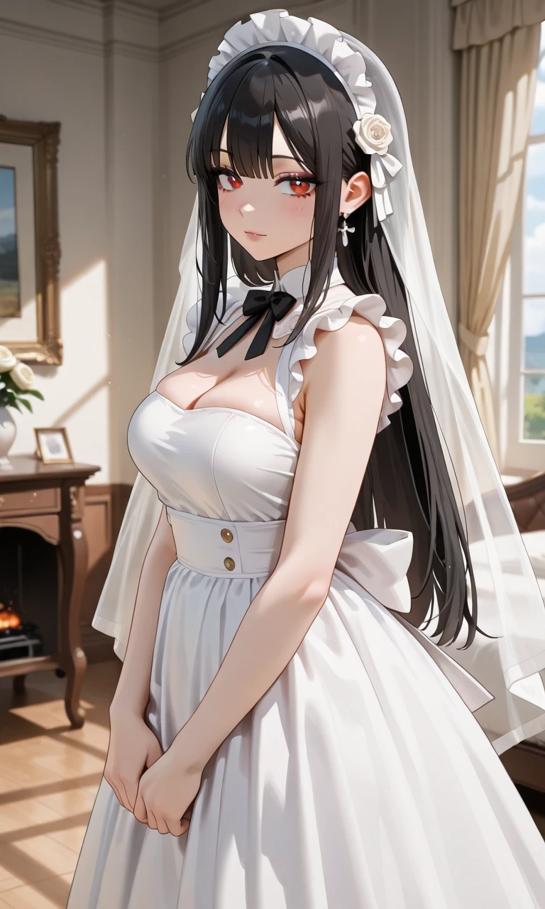 (Masterpiece:1.2, high quality), (pixiv:1.4), (1girl:1.2), (solo:1.2), (smooth:1.2), (Yor forger), (confident), slightly blushing, glossy lips, red eyes, black eyeshadow, pale white skin, black hair, bangs, bangs over eyes, collarbone, off-shoulder long frock, black clothing, slightly exposed cleavage, (medium breasts:1.2), (pov thighs), lower angle view, slim waist, ultra detailed, soft lighting, high contrast, blur, highly focused face, (detailed face), intrinsic details, vivid colors, HD, 4k, artistic background, background wall with black and white stripes