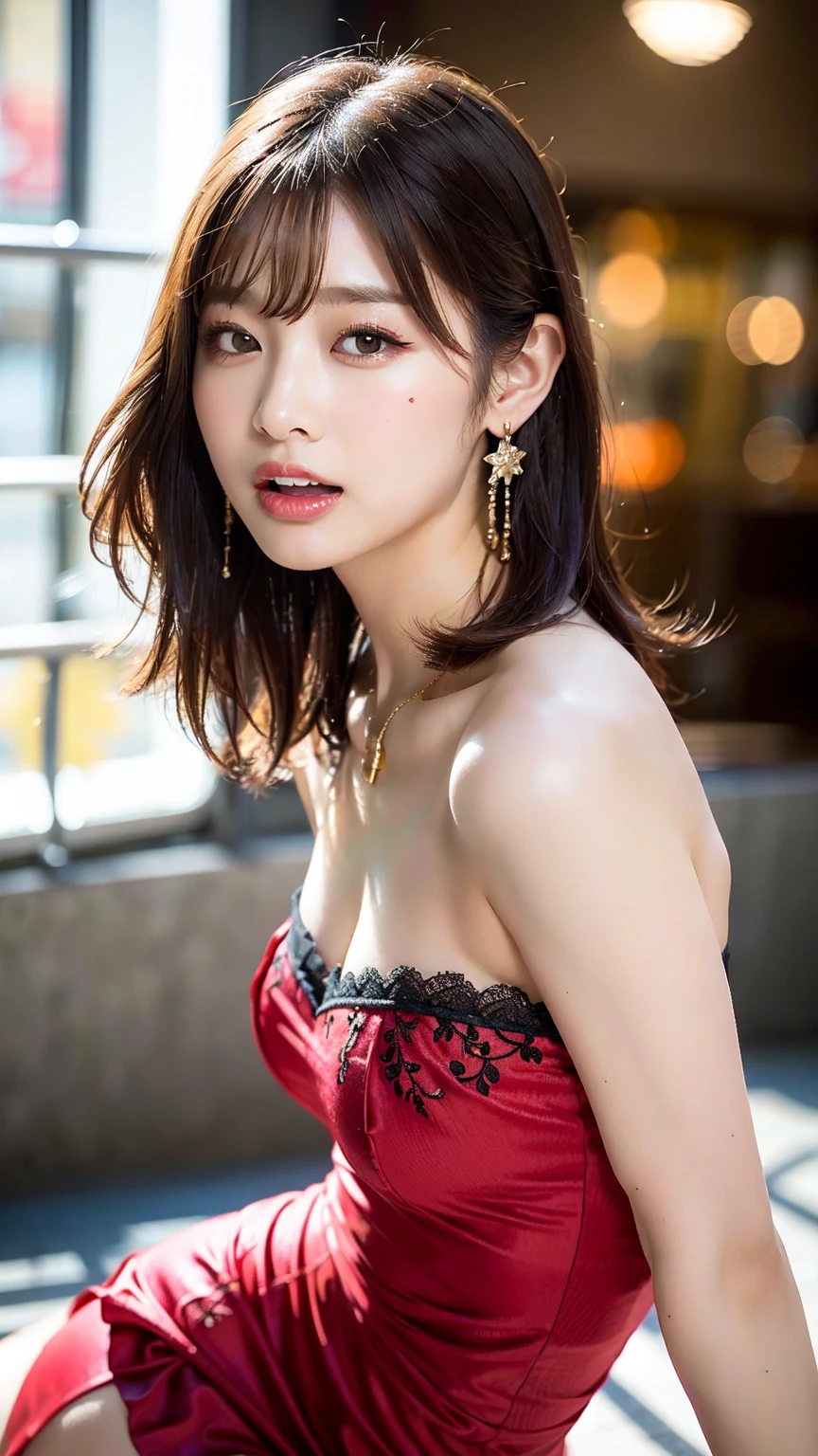 (realistic:1.3), finely detailed, quality, rembrandt lighting, (masterpiece:1.2), (photorealistic:1.2), (best quality), (detailed skin:1.3), (intricate details), dramatic, ray tracing, 1girl, japanese girl, 21 years old, detailed skin texture, (blush:0.5), (goosebumps:0.5), subsurface scattering, smiling, medium breasts, updo hair, bangs, hair between eyes, red dress, sleeveless dress, strapless, deep-v neck, cleavage, sp, see-through, full body, (night sky, outdoors, lavish, resplendent, castle, city lights far away), <lora:sp:0.8>