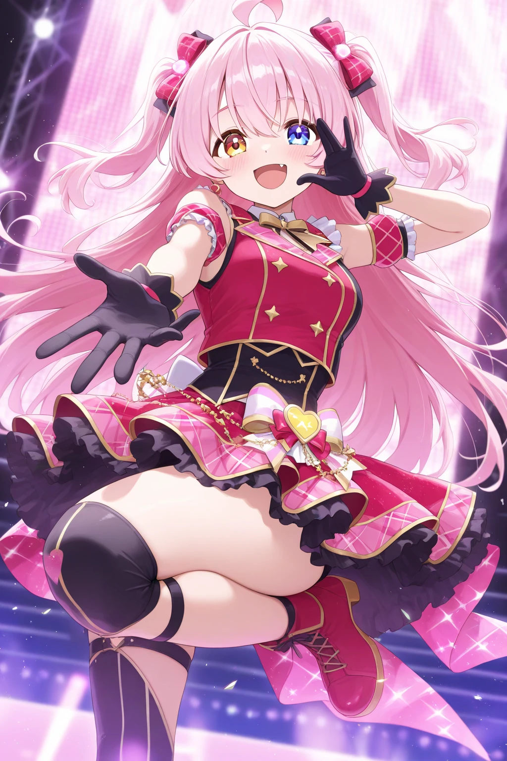 (masterpiece), (best quality), (high res) Solo, (perfect anatomy young girl (10 years old), fair skin, pink hair (shoulder length), green eyes, (skin tight idol outfit), (blue high heels boots), (shirt), (super tight mini skirt), smiling, flat chest in a futuristic stage setting with a green light, cyberpunk, cyber suit, best anime 4k, cybersuits, singing to a big crowd of people