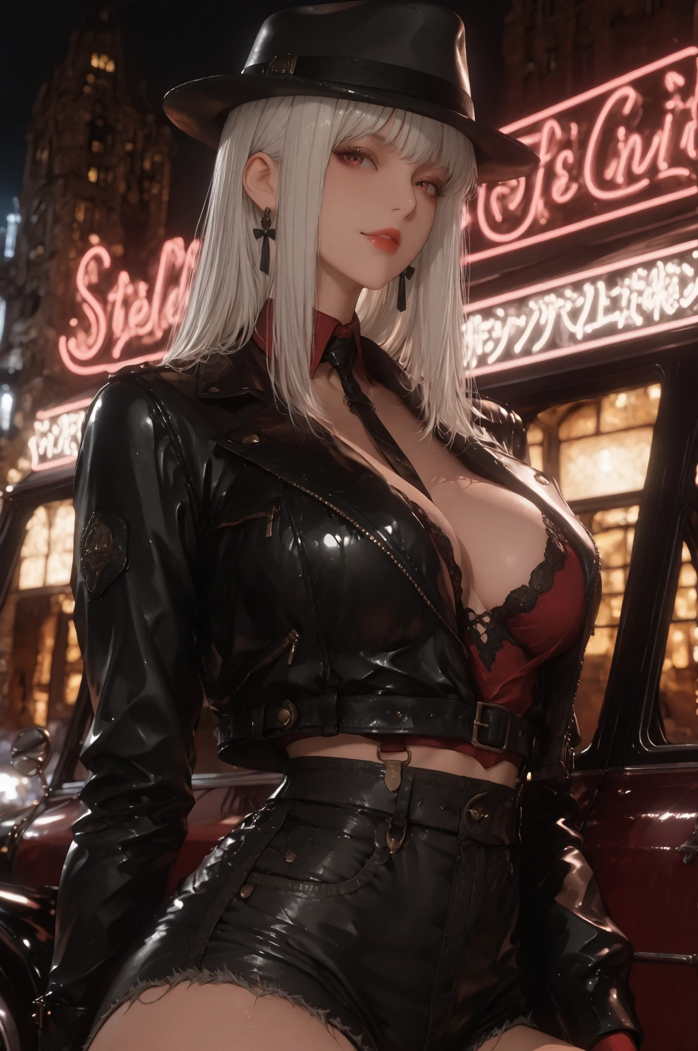 (raining day:1 silver-haired girl, Girl), tmasterpiece, best qualtiy, RAW photogr, realisticlying, the face, Incredibly Ridiculous res, Beautiful elf beauty, ear studs,Get wet all over, (short, Silver-black hair),Office Lady,office lady uniform,lacy stockings,Lace heels,depth of fields, A high resolution, ultra - detailed, filigree, RAWE is very detailed, very detailed eyes and faces, Sharp pupils, realistic pupil, tack sharp focus, cinmatic lighting,full bodyesbian,Bigboobs,long leges,From the front side,Main street on a rainy day,dynamicposes