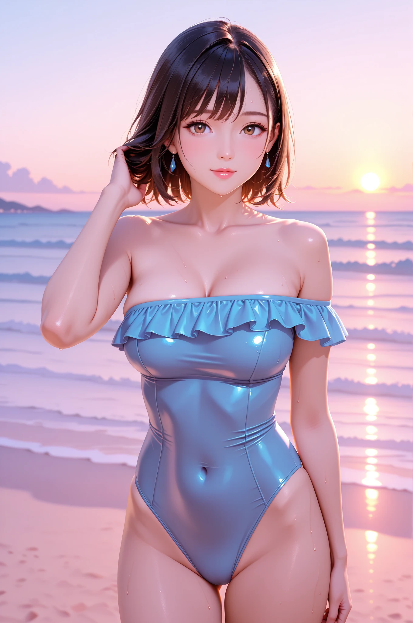 score_9, score_8_superior, score_7_superior, High resolution 3D anime style,A masterpiece in 32K resolution,Highest quality,it is really amazing,Very detailed,Ultra-high resolution,Ultra-realistic,Realistic,Increased depth of field,Cinematic lighting,
Elegant mature Japanese woman,
black straight medium hair,Ultra-detailed and beautiful face,Calm and gentle look,Translucent white skin,Realistic skin texture,Great proportions,
High leg swimsuit,
Summery design,Chic color scheme,Beautiful and delicate decoration,Detailed fabric texture,
Sky before the storm,Dark Clouds,Thundercloud,Coastline at night,Stormy seas,delay々A desolate sandy beach that continues,
Cinematic Angle,