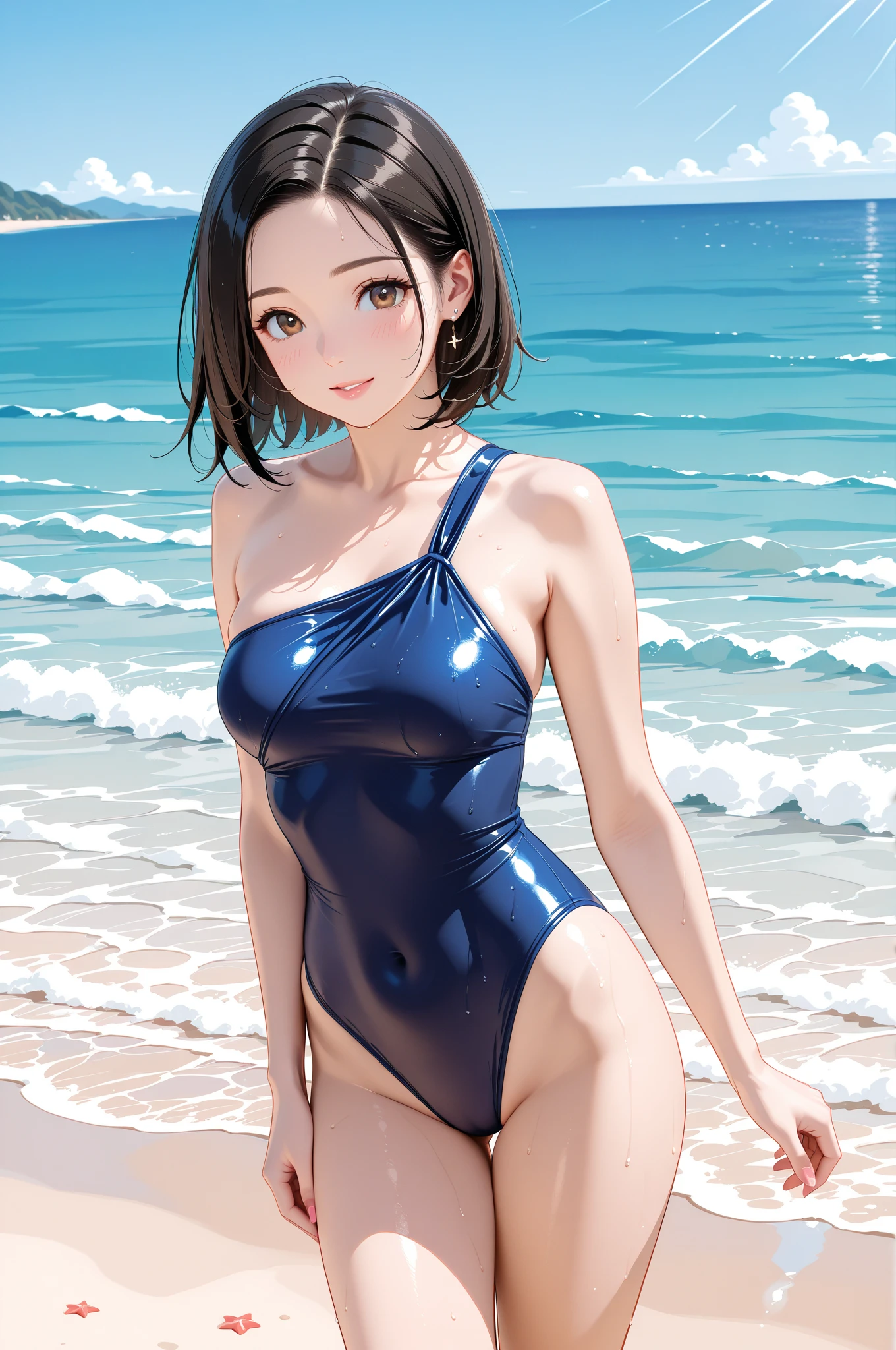 A girl posing for a photo, ((One Girl)), (((Baby Face:1.7)) + ((cute:1.5)) + ((15 years old))),
break
#Clothing Accessories
((White high leg monokini swimsuit:1.1)) + (Covered nipples:0.8) + white high heel sandals,
(Gold Hoop Earrings), (gold fancy bracelet), (A necklace studded with many precious stones),
break
#Features
((Black Hair:1.2)) + ((Very long side bangs)) + ((Twin tails) : Short Hair + Curly hair + Voluminous Hair + Fuller Hair + Tied with a red ribbon),
((Droopy eyes:1.4, Big eyes:1.2), blue eyes), (Small breasts + Flat chest), (中立的な顔のFeatures),
((sensuous:1.5)),
break
#background environment
((noon, (Sunny tropical beach:1.1), ((blue sky)))),
#Facial Expression Pose
((blush, smile, Open your mouth)), ((A pose standing strongly on both legs、Hands clasped behind the head with armpits visible , Sweating in the body, The swimsuit is very wet, The swimsuit is a little transparent, My swimsuit is wet and shiny)),
#composition
((To the camera), (Angle from the front), (Character Focus), (Cowboy Shot)),
break
#Body parts elements
(Slim figure),
(Symmetrical facial features),
(Detailed Hair, Beautiful Hair, Shiny Hair),
(double eyelid, Long eyelashes, Thin eyebrows:0.5, Thin eyebrows:0.5),
(Expression of fine eyes, Beautiful and delicate eyes, Sparkling eyes, Eye Reflexes, Glitter Eyeliner),
(Human Ear),
(Beautiful Nose, Thin Nose),
(Glossy Lips, Beautiful Lips, Thick lips),
(Detailed skin, Textured skin, Beautiful Skin, Oily skin),
break
#quality
(((最高quality)), ((masterpiece:1.3)), ((Very detailed))), ((Ultra-high resolution)), ((16K)), ((1080P)), ((Full HD)),
((Anatomically correct)), ((Realistic)), (3DCG), ((Oil painting)),
((comics, anime)), (CG illustration), (RAW Photos),