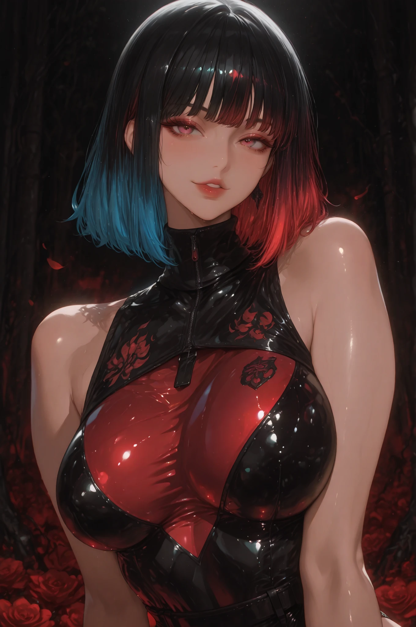 1girl, solo, breasts, looking at viewer, short hair, bangs, black hair, red eyes, jewelry, closed mouth, upper body, red hair, multicolored hair, earrings, sideways, gradient, looking to the side, gradient background, tattoo, black dress, sleeves, makeup, bright, fire, mailbox, red background, dragon, tattoo on arm, red theme Red lips,
