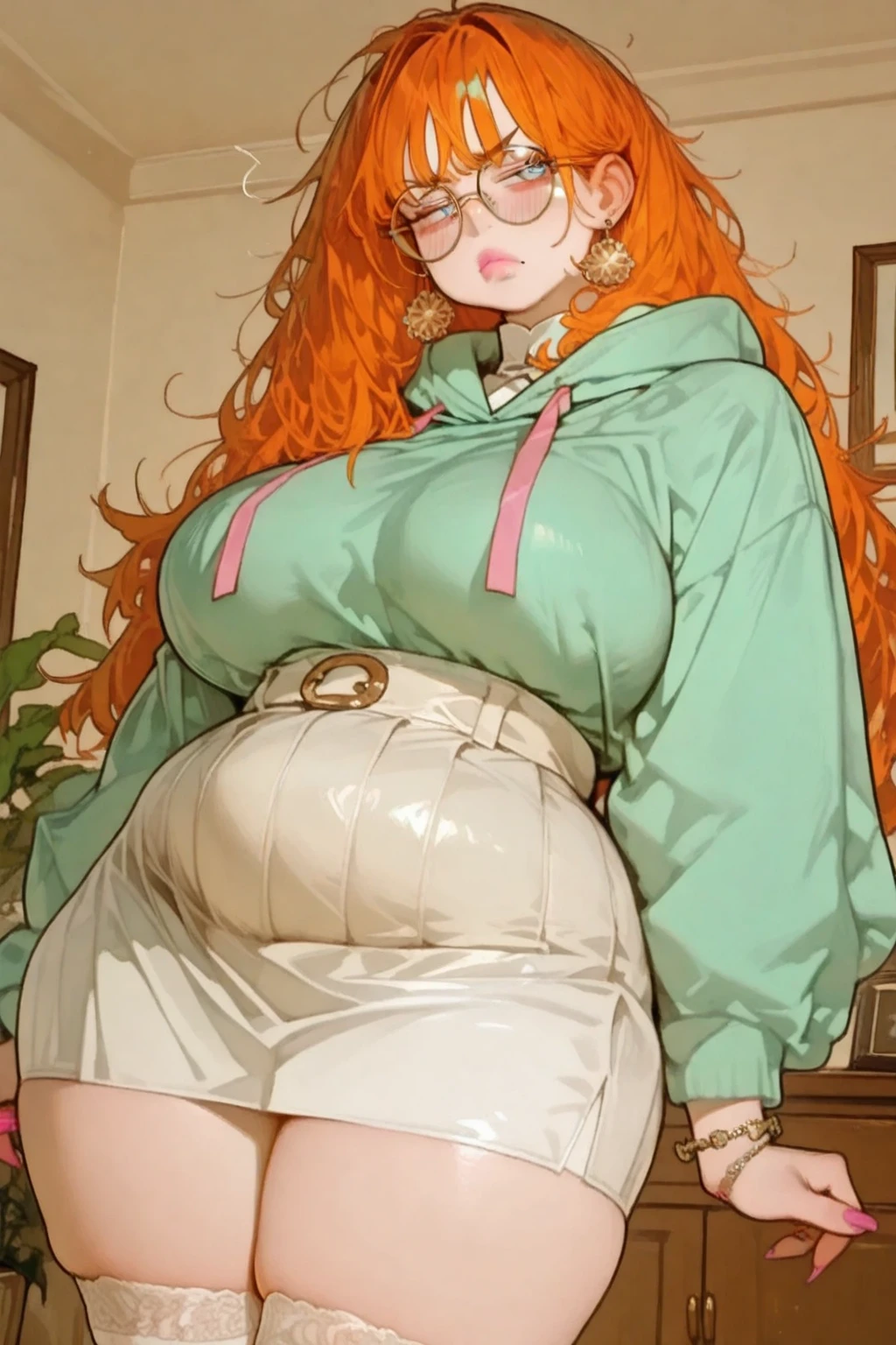 fat, obese, overweight, big belly, mimosa vermillion, sweater, Christmas, fat, table with food, sitting