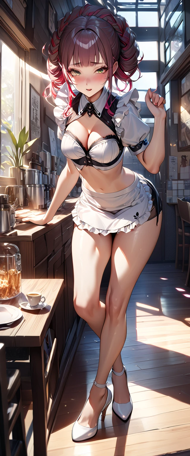 highest quality、(real、photorealistic:1.4)、(RAW photo:1.2,(Curve,Model,glamor:1.5),Beautiful breasts,(from above:1.2),(from side:0.9), ((Face)), (Close-Up:0.4), ((looking at viewer, holding a cup of coffee)), highest quality、(real、photorealistic:1.4)、(RAW photo:1.2),highest quality,(masterpiece),(((Whole body image))),(a 18yo girl), (Highly detailed face),Slightly round face, (Tan brown face:1.0), Boyish beauties, beautiful face, Beautiful lips,Baby Face,(Big eyes),((black,hair,long pony tail hair)),thin pubic hair,cute,lovely,(strong silver hair:1.2),(blunt bangs),(Brown skin:1.0),(Military uniform, bulletproof jacket),nice companion,delicate body、thin legs,beautiful black dress,black gloves, black thighhighs, white panties,(double breasted,under bust:1.2)in the kitchen Woman in survival mode,Tropical forests,During a break,sit cross-legged on the ground,The way the light shines is beautiful, Beautiful buttocks,(with sparkling eyes and a contagious smile),black suspenders,Black miniskirt,holster,Beautuful Women,hands up,leg holster,Gaze,black boots panty shot, provocation,flank,flank sweat soio,arm,,narrow waist,(with sparkling eyes and a contagious smile),her thin pubic hair, looking at viewer, pose muy sexy"