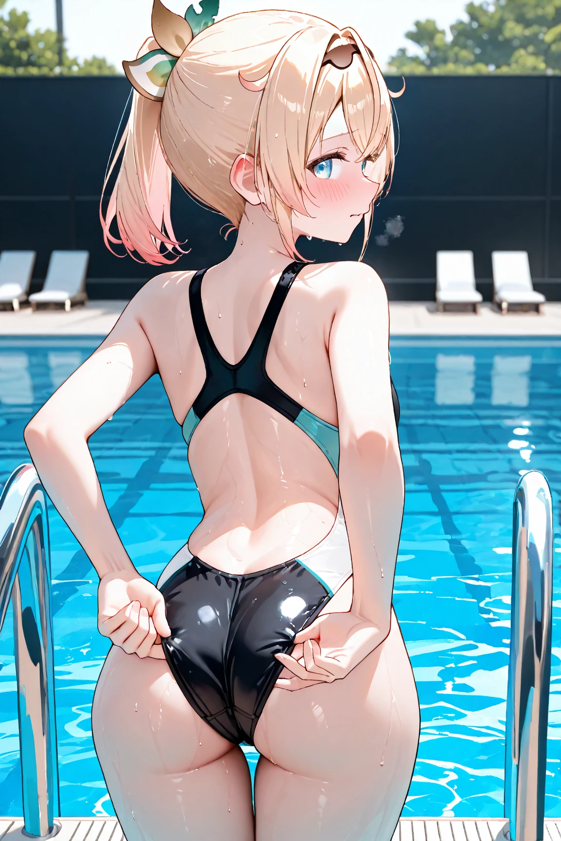 ((Top Quality)), ((Masterpiece)), ((Details)), perfect face, perfect body, sitting on the swimming pool, listening to music, wearing headphones, wearing swimsuit, swimsuit transparent, tight with buttocks and breasts exposed Woman with clothes on and face visible