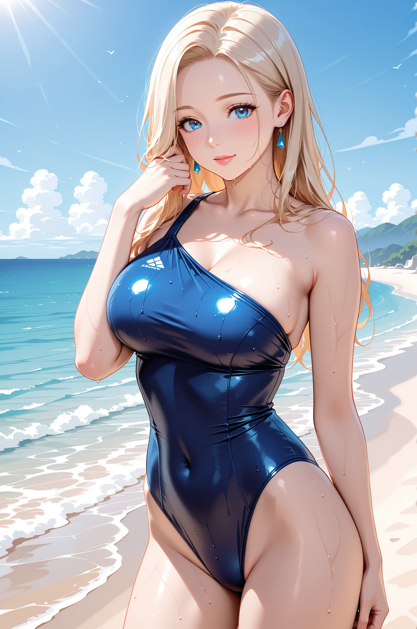 (((masterspiece、beste Quality、beste Quality、offical art、Beautifully Aesthetic:1.3)))、smile on face、a blond、suntanned、(((Brown skin)))、(((nuda)))、(1girls:1.5)、A sexy、Supreme Details、(((White leotard swimsuit)))、(shinny skin)、(many colors:1.1)、a large breast、(((huge boobs)))、thin areola、spread one's legs、(((Spread your crotch)))