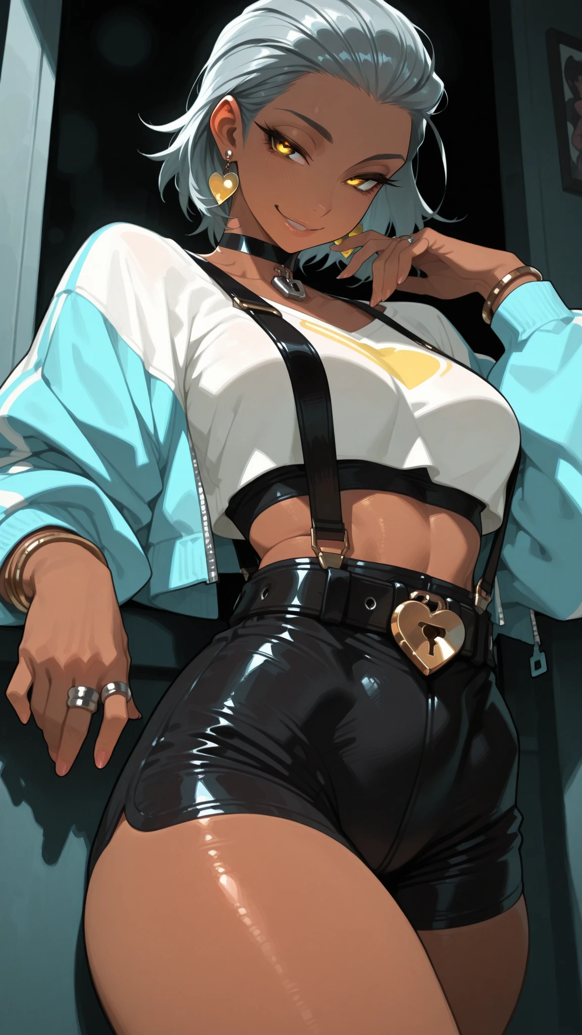 (Masterpiece, best quality), (1 girl), (very dark tanned skin, yellow eyes, detail eyes, black hair, mohawk cut with two big drill ponytais hair, big ass, medium breasts, tight abs, blushed), (crop top hoodie, unzipped jeans shorts, tights, no panties, mitts, piercing, tight straps)