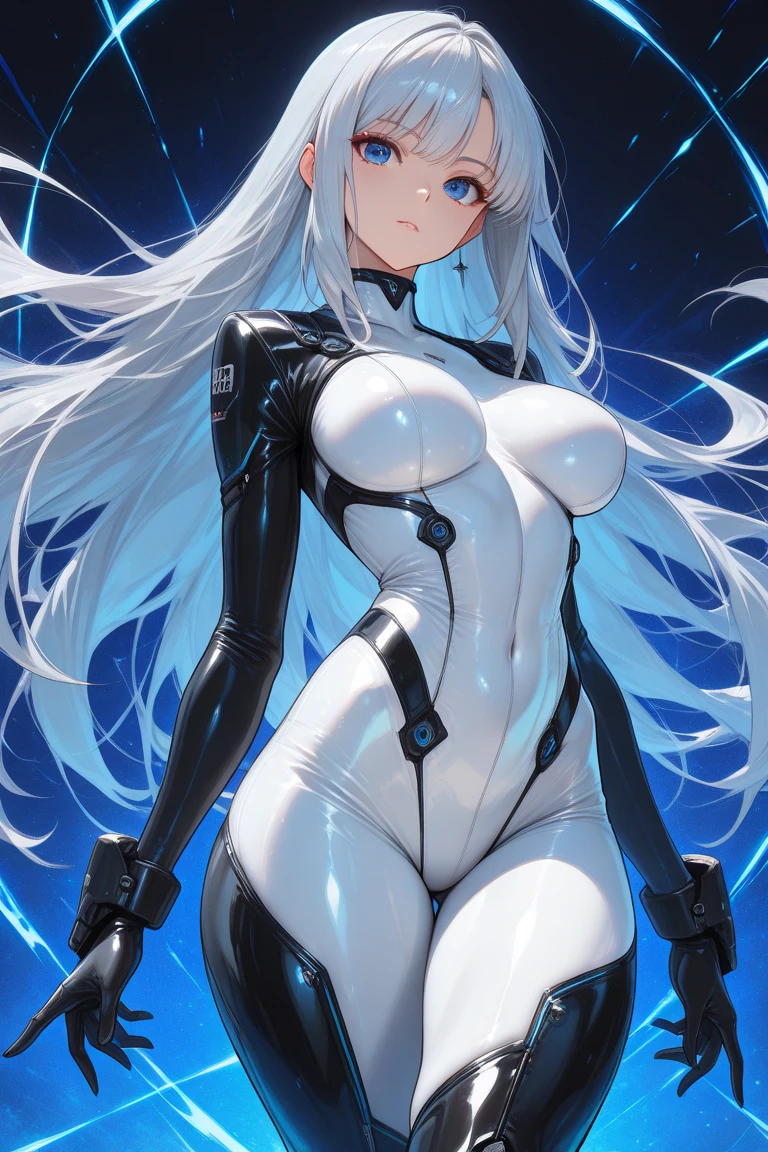 ((Best quality)), ((masterpiece)), (detailed:1.4), 3D, an image of a beautiful cyberpunk female,HDR (High Dynamic Range),Ray Tracing,NVIDIA RTX,Super-Resolution,Unreal 5,Subsurface scattering,PBR Texturing,Post-processing,Anisotropic Filtering,Depth-of-field,Maximum clarity and sharpness,Multi-layered textures,Albedo and Specular maps,Surface shading,Accurate simulation of light-material interaction,Perfect proportions,Octane Render,Two-tone lighting,Wide aperture,Low ISO,White balance,Rule of thirds,8K RAW, silver hair, blue eyes, (midriff, (giantic breasts, huge breasts:1.4, big boobs, cameltoe, thick thighs, narrow waist, beautiful face, (perfect face), sexy, dinamic pose, (erotic, silver and black clothes whit red leds, lustring clothes, red lips, smile, embarrassed), flushed face, ((very wet, sweat, dripping sweat, erect, ((kawaii face)))