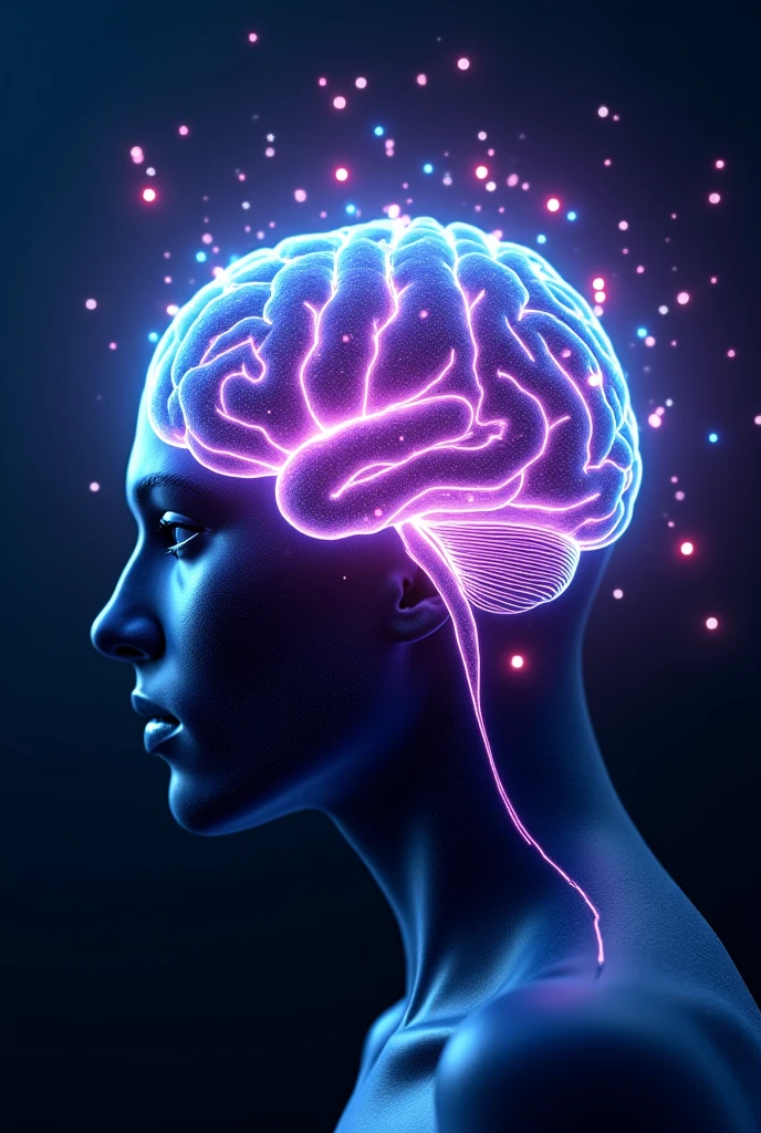 Texto: "Did you know that the brain is the most powerful sexual organ?"
Diseño: Create a sleek and futuristic image with a minimalistic silhouette of a human head in gradient purples. Incorporate holographic lines or digital waves emanating from the brain, symbolizing neural connections and the power of thought in pleasure. The overall design should feel cutting-edge and sophisticated, echoing the high-tech essence of a European luxury brand.