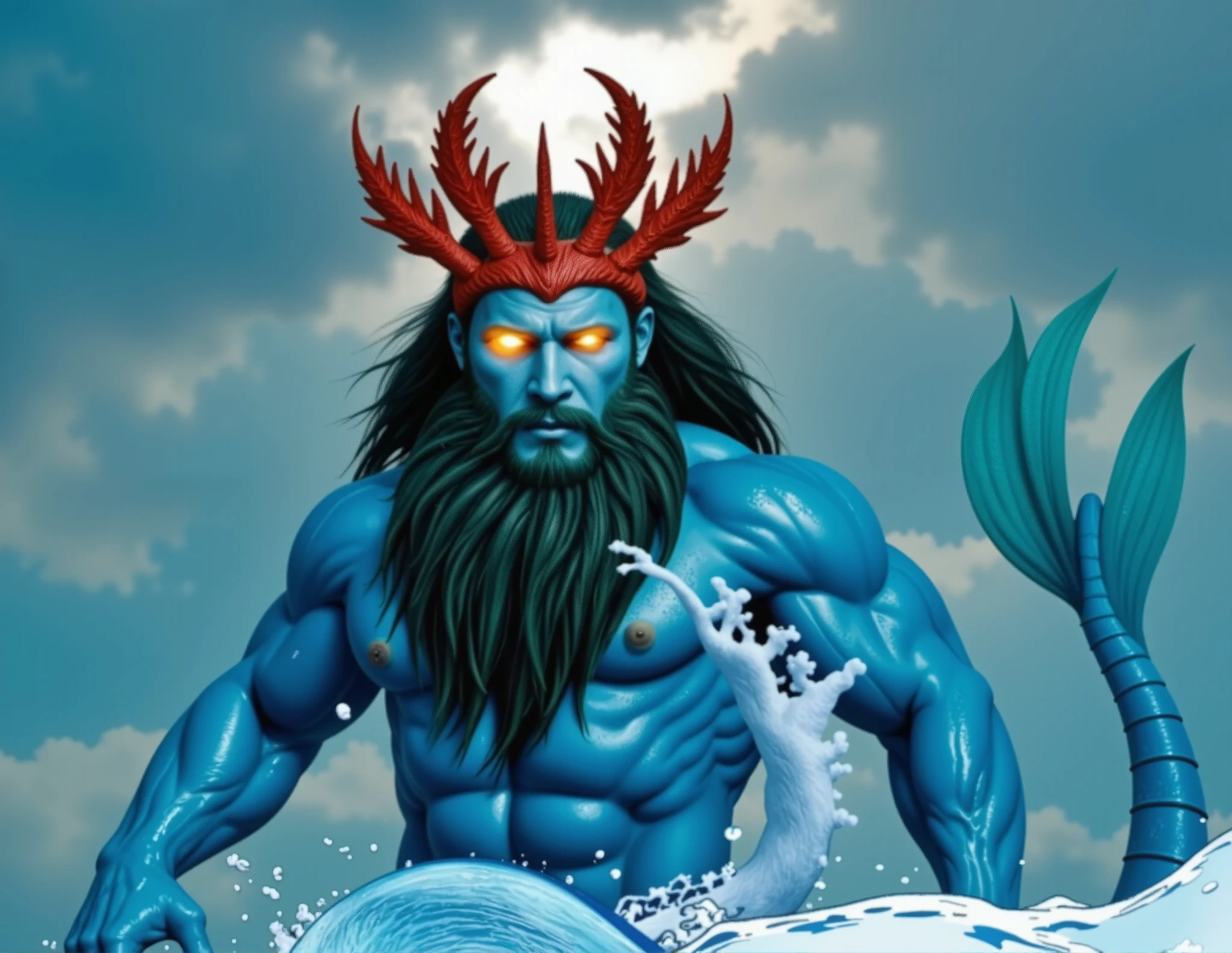 "A high-resolution, high-quality photorealistic image captures Tlaloc as the god of lightning, rain, and earthquakes, god of the sea, riding a massive sea serpent beneath the ocean's surface. His muscular body glistens in the seawater as he displays his great power. The background shows a deep, mysterious underwater realm with rays of light streaking through the water. Surrounding him are schools of fish and coral reefs, emphasizing his dominance over the water. The dynamic composition showcases Tlaloc's raw power and majesty atop his formidable mount."