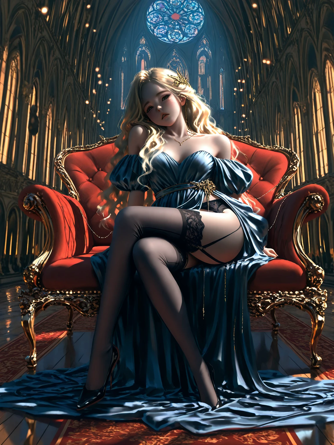 A Tim Burton art style of a beautiful 20 year old blonde Kate Bloom with big messy hair in a tattered sheer black dress, white stockings, black headband, cleavage, holding a glowing mushroom, fantasy art style, gothic style, cute detailed digital art, colorful digital fantasy art, digital fantasy art ), glossy digital painting.