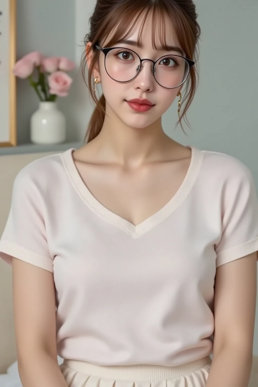 a close up of a woman sitting on a couch near a window, wearing tight shirt, tight shirt, cute young woman, small breasts, wearing a cute top, lovely woman, 19-year-old girl, good young girl, gorgeous chinese model, 2 4 year old female model, lovely delicate face, gorgeous lady