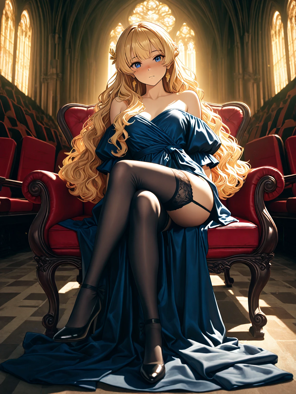 ((Biologically correct limb count)),((Natural finger shape)),((Full Body Shot,Including face)),Standing position,4K,masterpiece,((Focus on the face)),((Symmetrical facial features)),Eye for detailed depiction,Beautiful woman,Excellent style,Beautiful feet,(Small Ass,Thin thighs),(Patterned black stockings,High heels),Facial detailing,Small earrings,necklace,Low angle photo,((Light blue lace bra and lace panties,Lifting the skirt to reveal panties)),Park scenery on a holiday morning,Strong sunlight,(((A facial expression of pleasure))),(((Lean your body back and sit on the ground))),((Hands lifting from under your chest)),(Face the camera),Photograph the side of the body,focus on the crotch,Long Hair