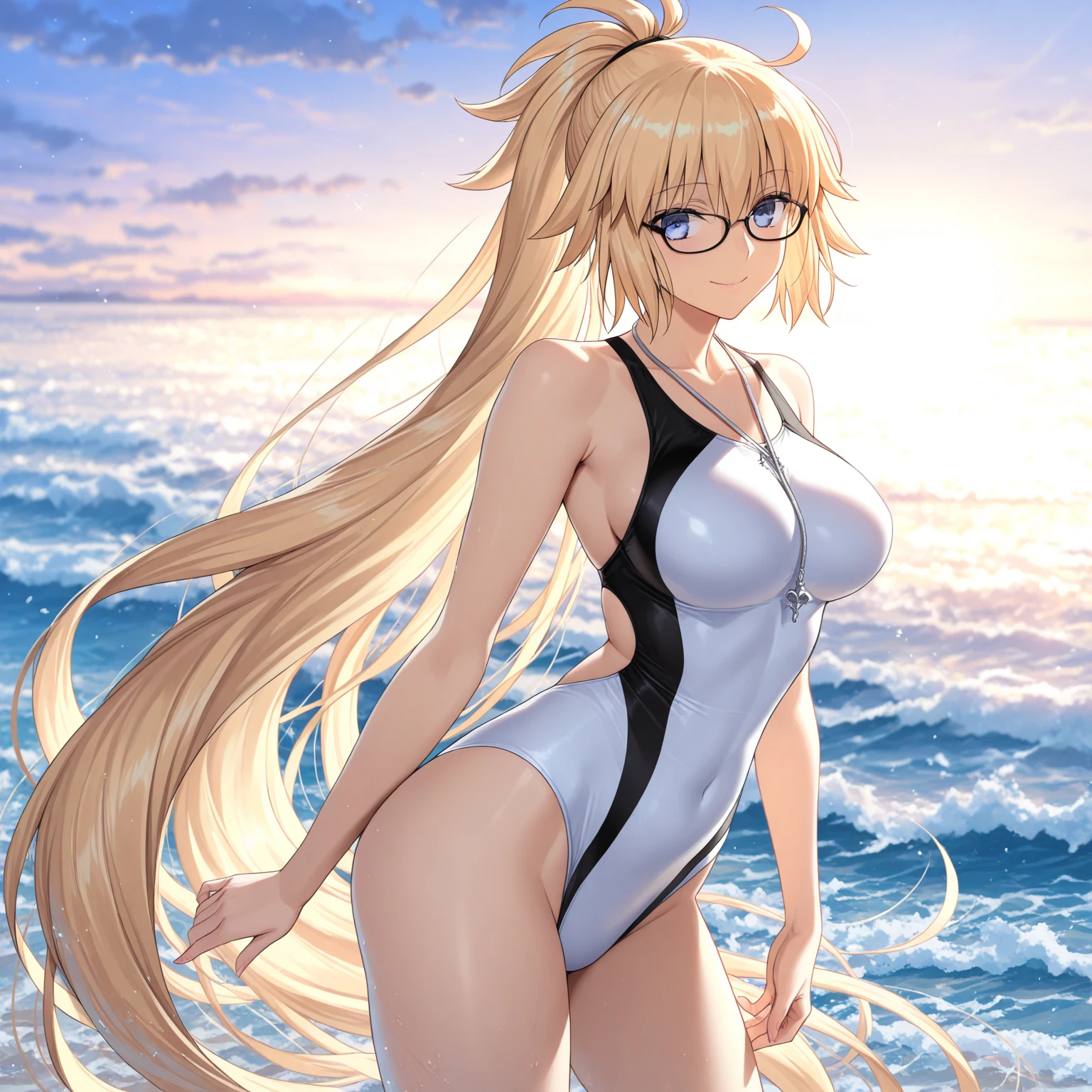 masterpiece, good quality, 
ジャンヌダルク,fgo,1girl, solo,blonde hair,ponytail, high ponytail, very long hair, 
glasses,wet,(all white swimsuit),(white competition swimsuit,see through:1.3), white jacket, open jacket, single strap sandals, whistle around neck,(upper body:1.3),open mouth, embarrassed ,blush,(spread legs:1.3),(legs up),(cameltoe:1.3),