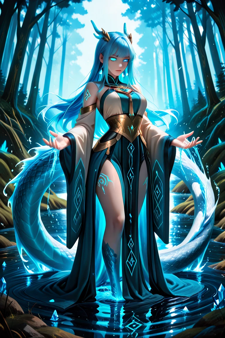 Female merfolk, glowing hair, steampunk clothes, fully clothed, water , Full body, Running forward, Running with a Water Serpents, wood, a Greathammer, underwater background, roots growing around, water backpack, water spraying from ground, Dark skin, tribal tattoos, waterfalls, forest, River, magic swirling around, Smiling, glowing orbs, night time, Dark shadows, bright glowing orbs