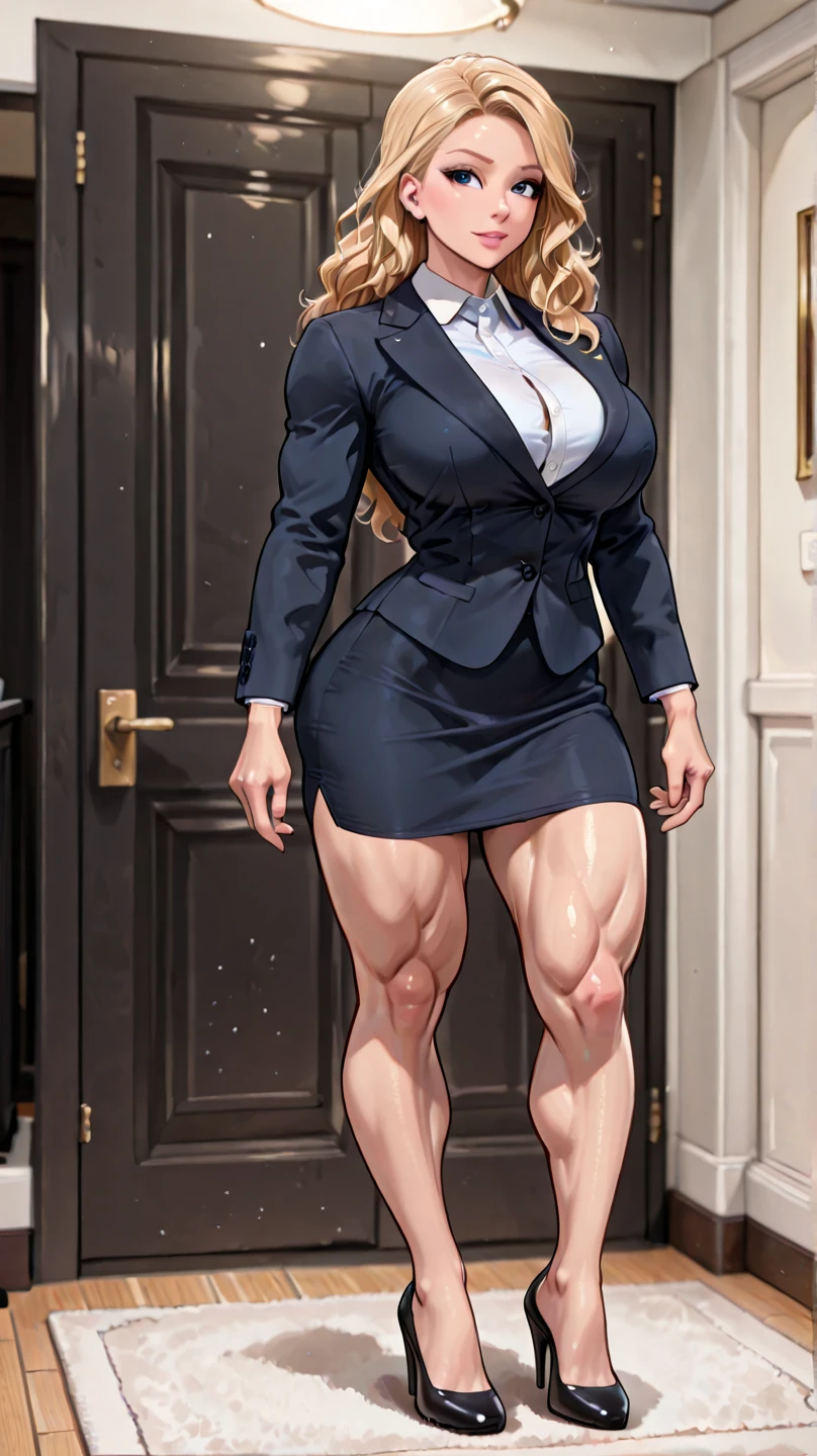 masterpiece,(full body like:1.1),bulky woman,Exaggerated big muscles,walking pose,,Beautiful and charming face of Nordic woman,Business shirts,hot pants,stockings,Pointed heels,1woman,thin waist, very wide shoulders,Strong and powerful arms,Strong arms,Strong and powerful leg muscles,very thick calves,long legs,looking at the camera