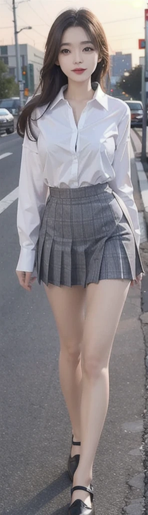 18 year old beautiful girl、tall、10 heads、whole body、A rich body、A white button-up shirt that covers your belly、Grey checkered pleated mini skirt、White torso、Black Loafers、outside、high school student、Abundant thighs