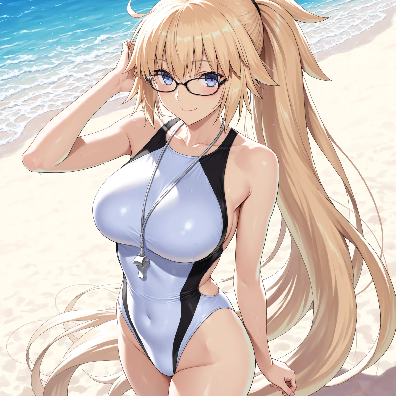 masterpiece,best quality,high resolution,jeanne darc, blonde hair, blue eyes, long hair,competition swimsuit, glasses, highleg, highleg swimsuit, one-piece swimsuit, ponytail, swimsuit, whistle, whistle around neck, white one-piece swimsuit,