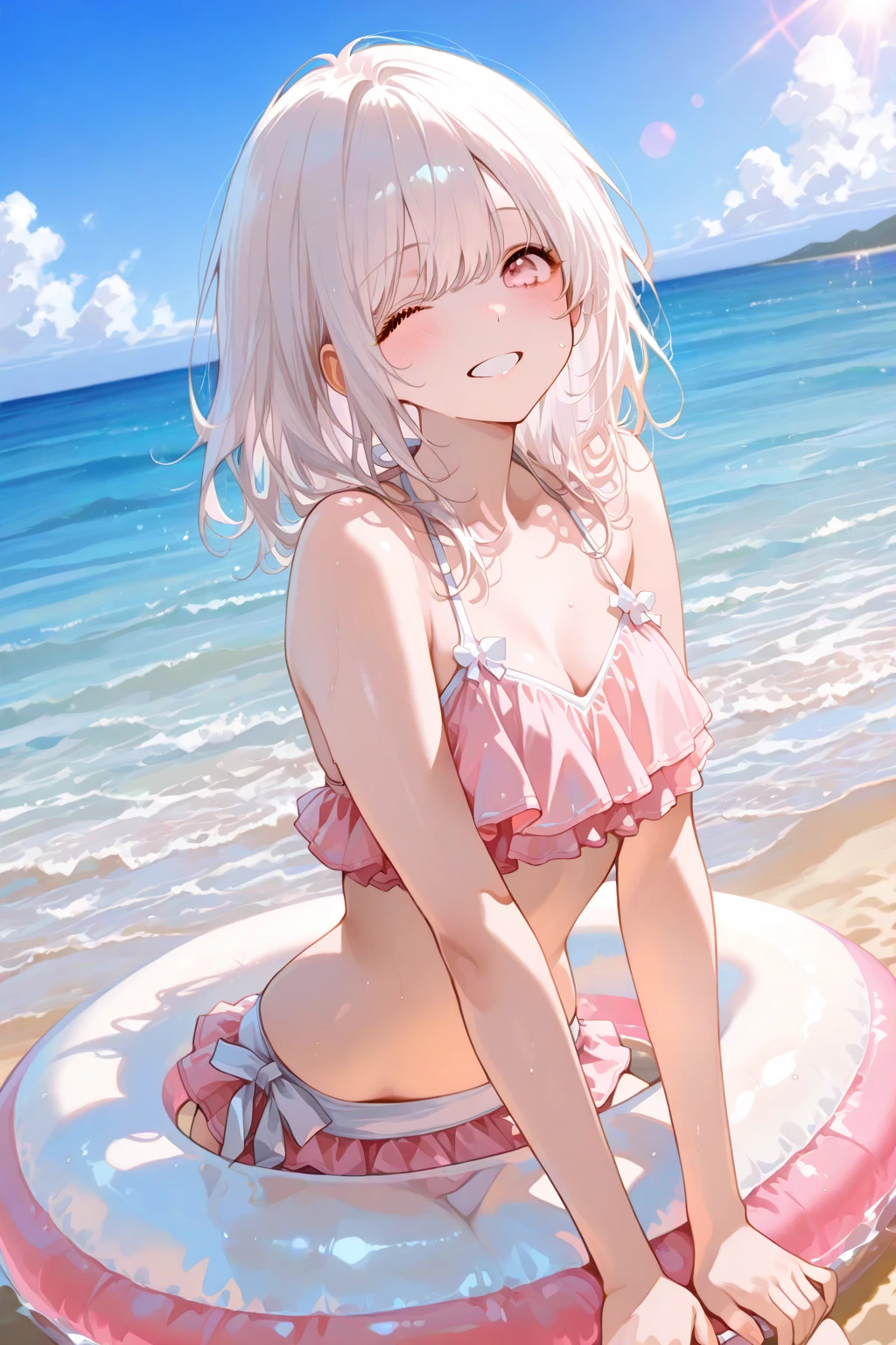 NSFW, mashiro, Mashiro_Blue_Archive, sweaty, bright smile, beach, big rock, water, breasts, moan, closed eyes, smug, no underwear, bodily fluids, sex, detailed, biologically accurate, POV, point of view, 