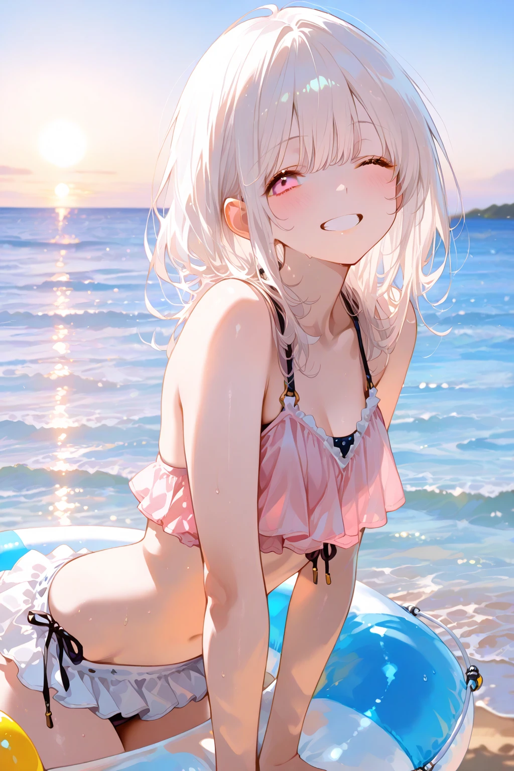 One 18 year old girl, ((Sexy Bikini))、(Grey hair colour,Red-pink inner color hairstyle), Beautiful Hair, Facial Contour, Remember, Ocean, sunlight、splash, Lens flare,, Natural Color, High resolution, Very delicate, Very detailed, 8k,（There is a swelling in the chest,About B cup）、Shyness,((Sexual)),((Sexy feeling))、Sitting、View angle from below