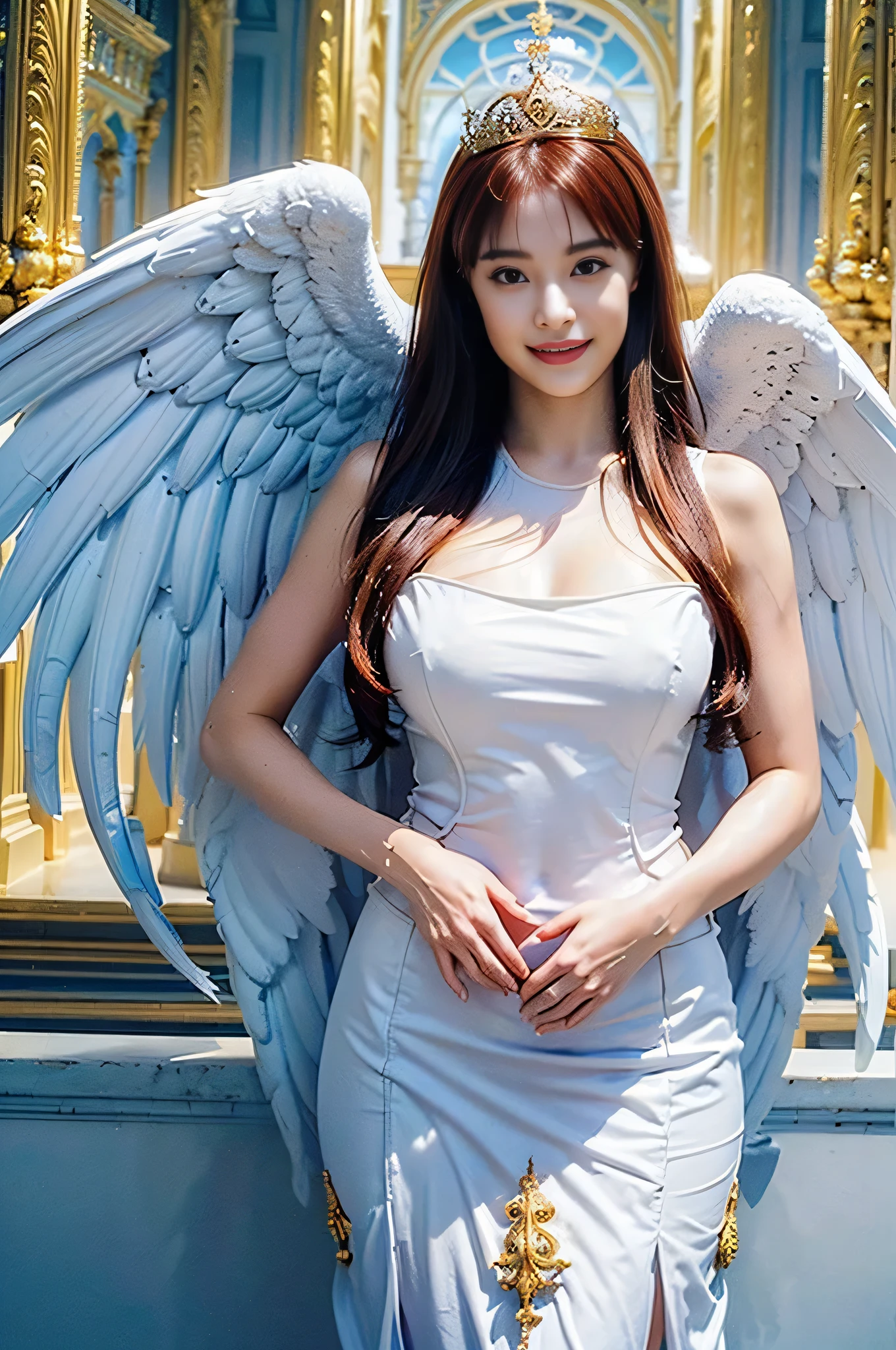 Dressed up with winged cute angel, wearing a beautiful garland on the head, symmetrical white feather material simulation of huge wings, exquisite details, portraits, breasts, outdoors, ancient buildings, tall stone pillars, stone railings, a 25-year-old woman named Yiping in the ancient castle: 2, eyes looking at the camera, sideways to the camera, natural expression, posture not stiff, curly wavy long hair, white dress long dress, the same character, various poses, different angles, rich skin details: 1.5,