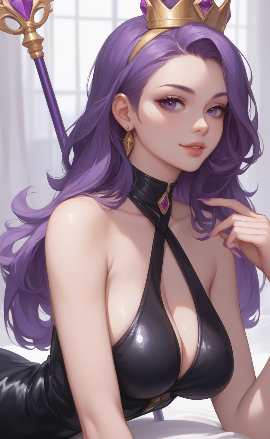 Hoshino Ai, long hair, purple hair, streaked hair ,purple eyes, star-shaped pupils, hair ornament, in a 3mpr3ss, corset, posture collar