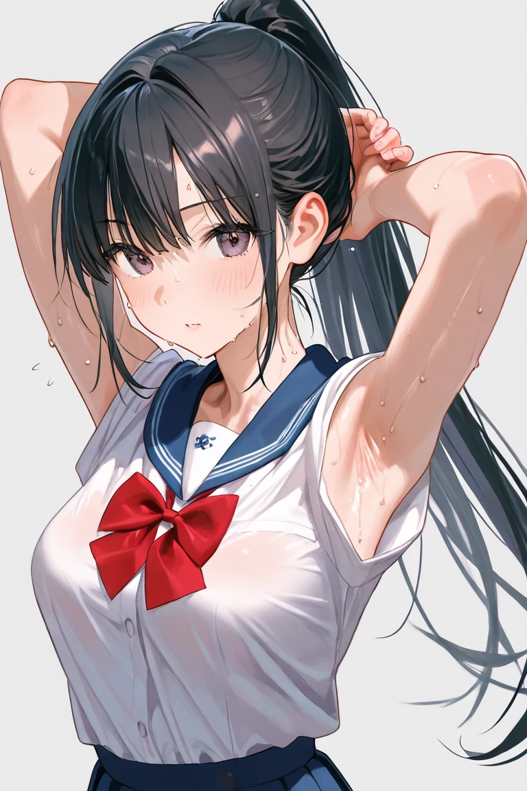 (((masterpiece, highest quality:1.3,absurdres))),cowboy shot,18 year old beauty,solo,((very small head:1.5)),ponytail hair style,long hair,blunt bangs,black hair,glay eyes,crying,drooling,medium breasts,((very long body,slender body)),skinny,gleaming skin,shiny skin,sweat, ,(White short sleeve T-shirt, Red Ringer Neck, school gym red buruma),Love juice:1.3,Wet crotch、white sneaker shoes, ,sitting,spread legs,arms behind up,School playground、at night、moonlight、