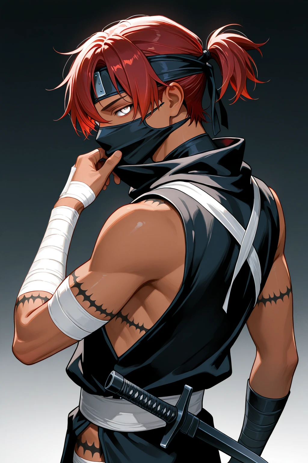Naked man with horns, ninja mask over lower face kawaii