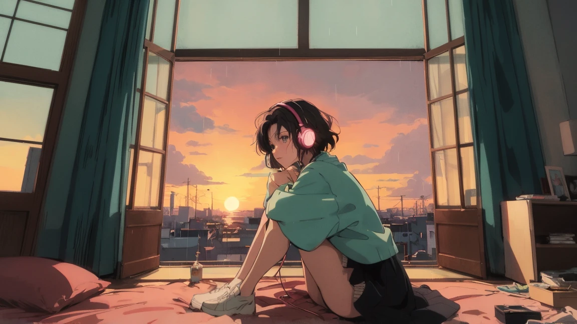anime girl sitting on floor looking out window at city, anime aesthetic, anime vibes, Lo-fi art style, Lo-fi portrait by the window, Watching the sunset. anime, Lofty Girl, anime art wallpaper 4 k, anime art wallpaper 4k, anime art wallpaper 8 k, anime background art, Lofi Color, Lofi Art, anime asthetic,masterpiece, Highest quality, Rainbow Style, anime, Beautiful Asian Girl, Along the Hawaiian Coast, Cute and dreamy,anime,Illustrator,Lo-fi Girl, Blues,landscape,sunset, night、Girl listening to music in a cozy room, Use headphones, 2Dスタイルanime, Rain outside the window、Analog Color Theme、Ghibli style