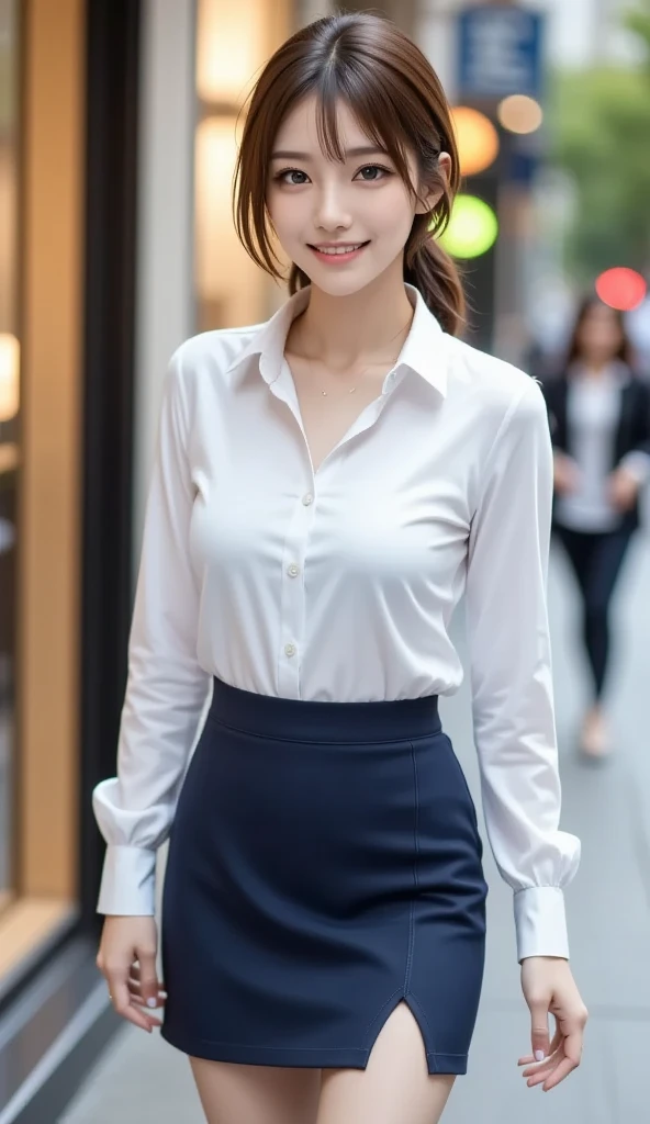 ((Best Quality, in 8K, Maste Piece: 1.3)), Japanese cool beauty, empty blue background: 1.8, White shirt, Gray skirt, Highly detailed facial and skin texture, Smile, fashion model pose