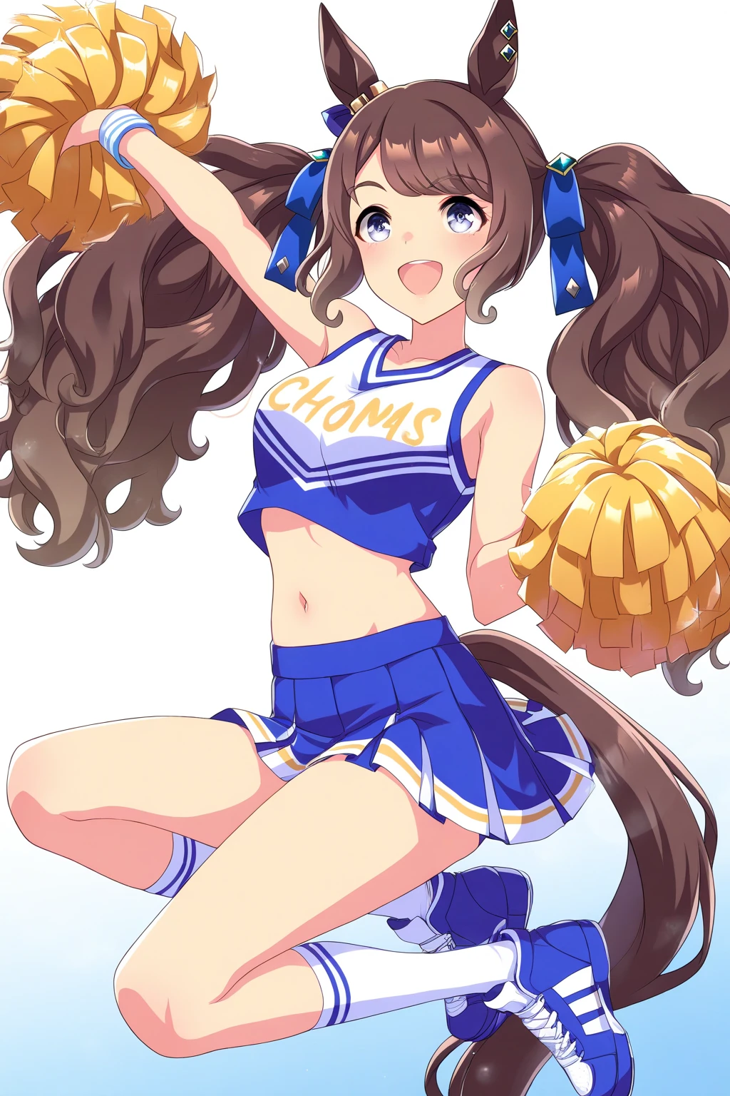 tosen jordan \(umamusume\), horse ears,long hair,horse girl,horse tail,twintails,brown hair,blue eyes,ear ornament,bangs,ribbon,hair ribbon,sidelocks, bare shoulders blue shirt blue shoes blue skirt cheerleader ear ornament holding holding pom poms midriff navel pom pom (cheerleading) shirt shoes skirt sleeveless sleeveless shirt sneakers socks white socks wristband