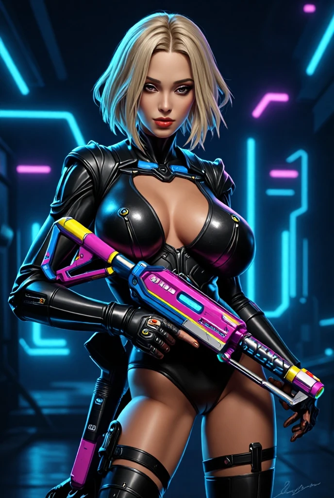 Photo-realistic, Arafed tall woman in a bikini posing on a black base, long blonde hair, long black boots, bikini with space suit element design, full pose, sexy pose, gorgeous style, full body close-up shot, on the right thigh gun holster, holding gun in right hand, inside a spaceship, a woman in a bikini sitting on a surface with a gun, front view, inspired by Masamune Shirow, knights of zodiac girl, pinup. lord of daggers, inspired by Clyde Caldwell, lodoss, portrait knights of zodiac girl, gorgeous, inspired by Barclay Shaw, dorian cleavenger