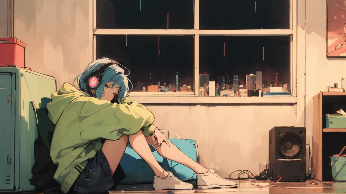 アニメ girl sitting on floor looking out window at city, アニメ aesthetic, アニメ vibes, lofi artstyle, Lo-fi portrait by the window, Watching the Sunset. アニメ, Lofty Girl, アニメ art wallpaper 4 k, アニメ art wallpaper 4k, アニメ art wallpaper 8 k, アニメ background art, Lofi Color, Lofi Art, アニメ asthetic,masterpiece, Highest quality, Rainbow Style, アニメ, Beautiful Asian Girl, Along the Hawaiian Coast, Cute and dreamy,アニメ,Illustrator,LOFI Girl, Blues,landscape,Sunset, night、Girl listening to music in a cozy room, Use headphones, 2D Style Anime, Rain outside the window、Analog Color Theme、Ghibli style,、Tokyo, night, I read a book