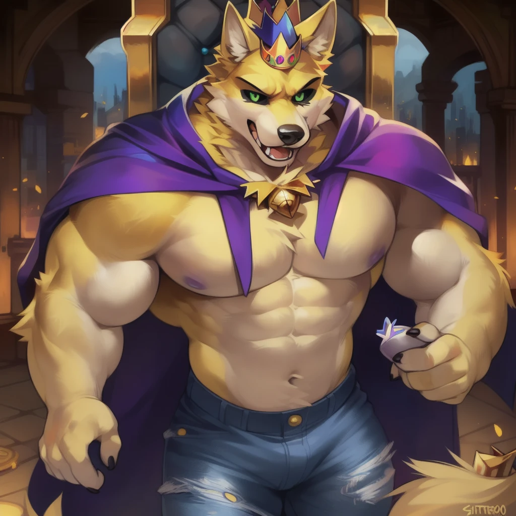 Giant Anthropomorphic Jolteon Pokemon Man, Purple Eyes, Muscular, Tired, Handsome, Charming, View from below, Daddy, Bara, Horny, Flirty, Older Brother, Four toed feet, cock and balls, Black Penis, teasy, Macro, Bully, Jock, flirting with tiny viewer, Toga, King, On a castle, wearing a crown
