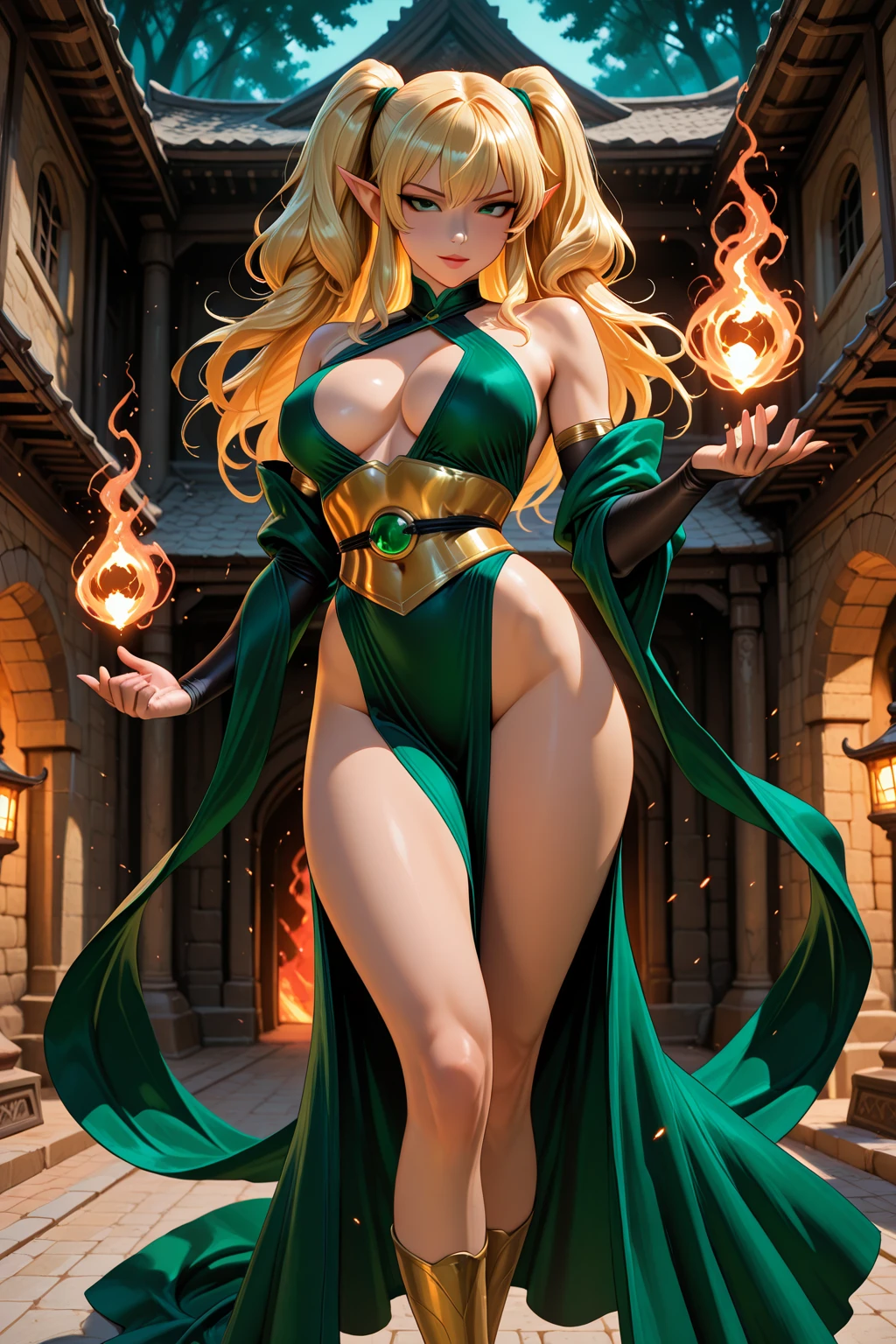 Photorealistic, High resolution, Soft light,1womanl, Solo, Slender muscular macho female body, (Detailed face), Blonde curls, green robes, Large chest armor in green and white, Jewelry　Glowing green eyes　Slender and muscular lower body　enticing　超A high resolution　super precision　a smile　real looking skin　Beautiful expression
