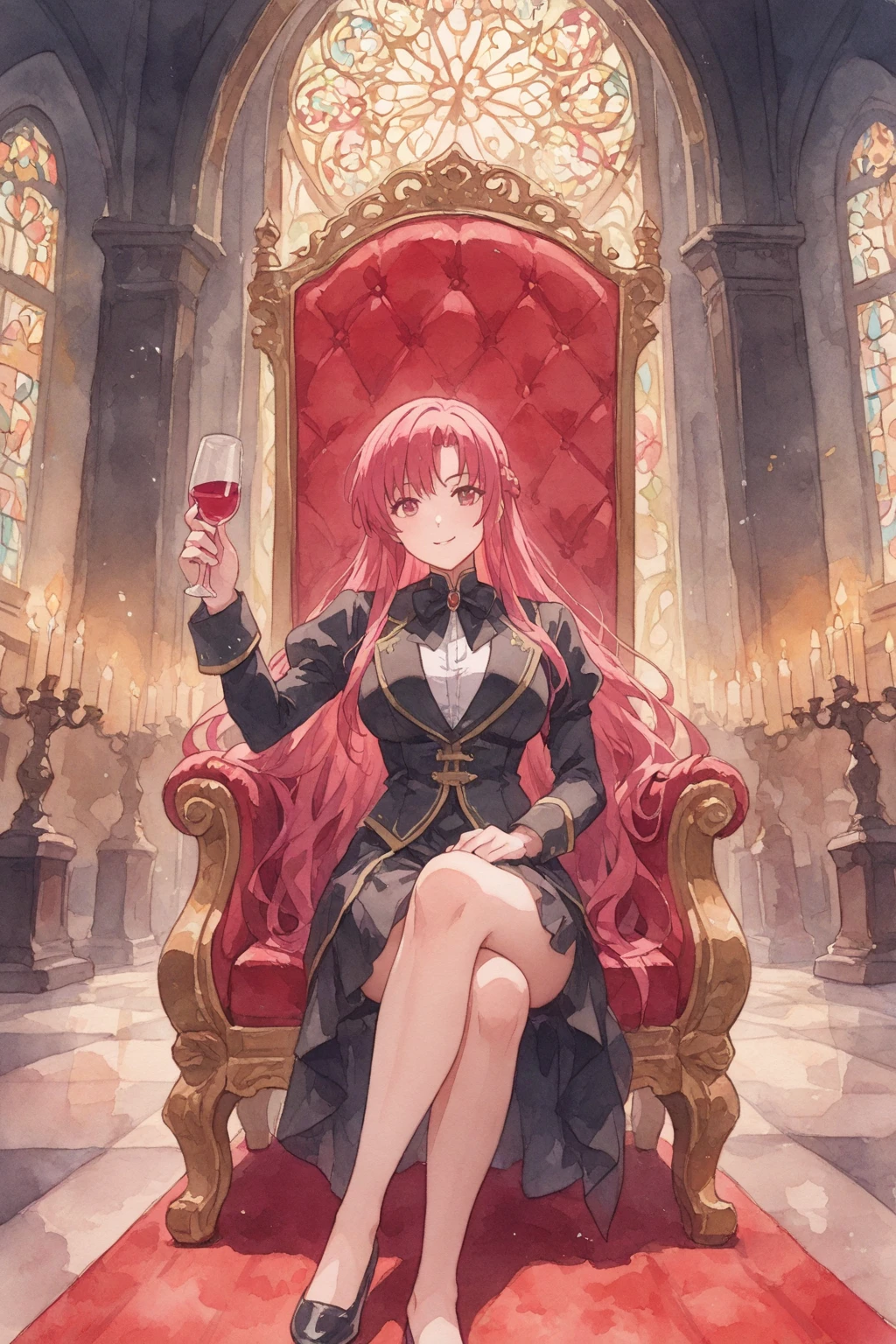1 girl in chainsaw man style, long wavy hair, light pink hair, hair with blue tips, multicoloured, light blue eyes, black gown, (big boobies),sitting on a red throne, holding a glass of wine with a small smile,crown on head with diamonds,royal cloak 