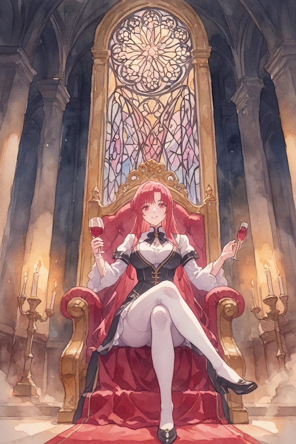 masterpiece, best quality, 1girl,(heterochromia, red eyes,yellow eyes), glasses,red hair,nun,cleavage, headphones, black thighhighs,side slit, church, playing piano,