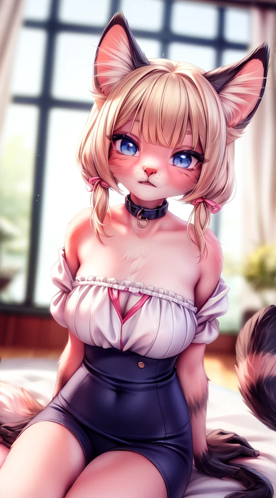 ((Cute pose)), ((kneel down on bed)) ((Sexy, tall beautiful pet catgirll)) ((cat ears, cat tail, cat furr, cat paws, cat feet, cat claws)) ((Big bright yellow cat eyes)) ((dark eyeshadows make up)) ((bright red lipstick)), ((long messy white twin tail hair with bangs covering one eye)) ((big breasts:1.8)) ((slender body:1.3)) ((full nude bare body, showing pussy an nipples)) ((white stocking, long white gloves)) ((choker)) ((inside bedroom, with many pillows around))((high definition:1.5), ((low intencity lights)) ((masterpiece:1.5))((8k:1.5)) ((Best quality:1.4))