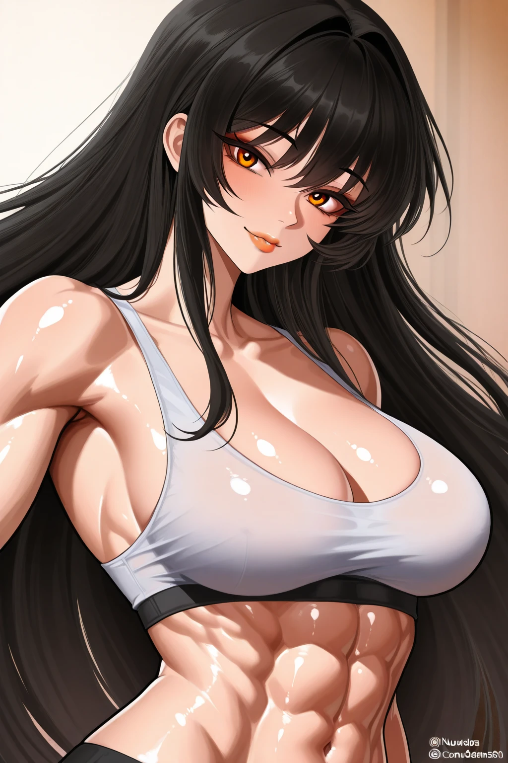 pale skin solo 1girl black hair yellow eyes sad very long hair huge tits toned body muscular bodybuilder
