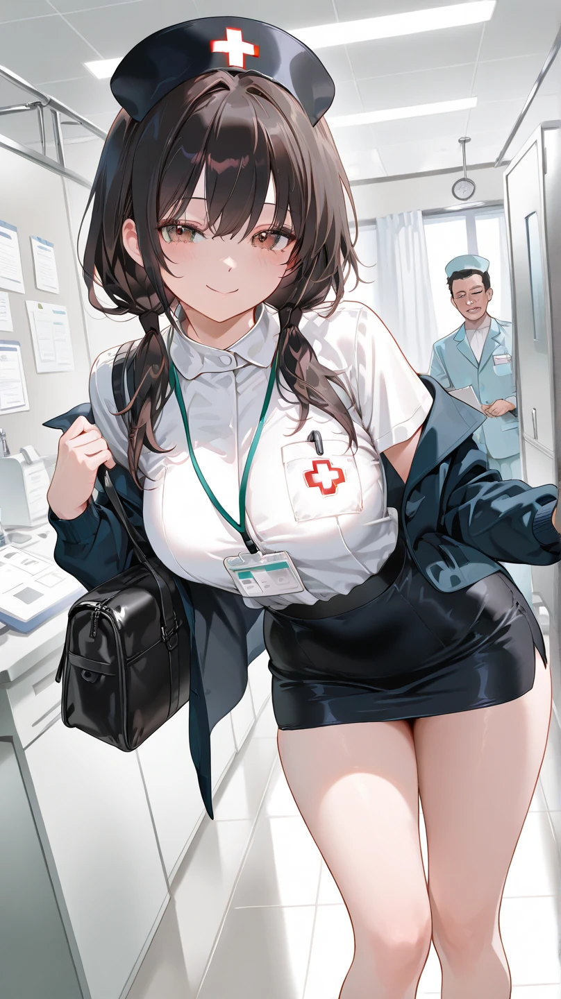 1 lady only, (look down), (from below), (Looking out from behind the partition curtain), Medical staff, (Nurse), Mature female, /(black hair/) Bangs, Friendly Smile, (Masterpiece best quality:1.2) Exquisite illustrations are super detailed, Big BoobsBREAK (hospital ward) Indoors, (Bright white ceiling:1.2), (View from the bed:1.2), Detailed Background