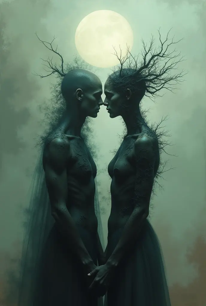 arafed image of a man and a woman with a tree on their head, adam and eve inside the brain, flora borsi, adam and eve, fine art portrait photography, by Relja Penezic, photography alexey kurylev, photography alexey gurylev, by Anna Füssli, black and white artistic photo, surreal photo