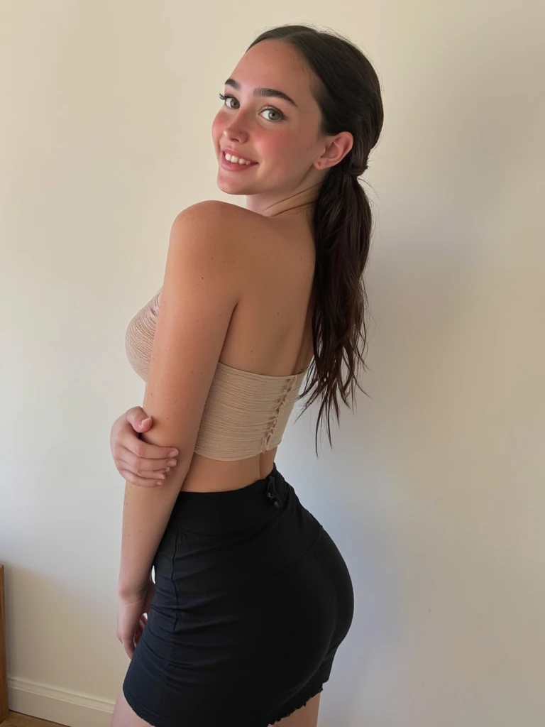 Realistic photo of woman with ass up smiling