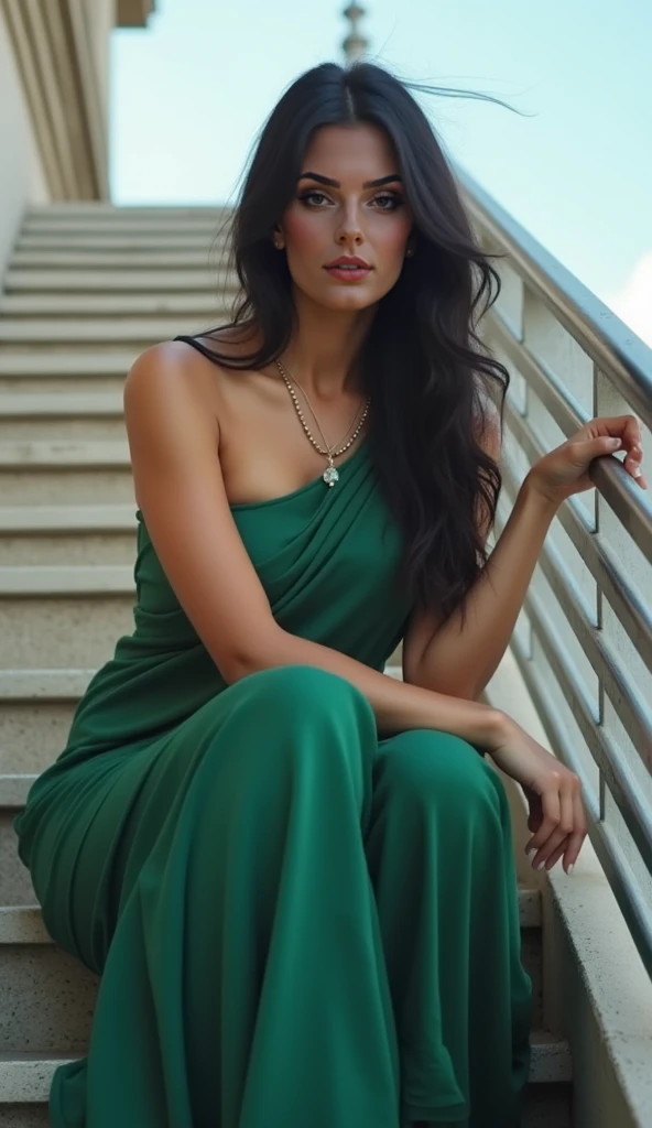30 year old Brazilian woman, (sitting on a deserted staircase), (cheerful), long curly hair, detailed skin, realistic photography, photography, (perfect waist), (provocative), wearing an emerald green layered dress , covering the entire body and shoulders, masterpiece, realistic, realism, Rendering, high contrast, realistic digital art photography trending on Artstation 8k HD realistic high definition detailed, skin texture, hyper detailed, realistic skin texture, ( background, in a historic city, ancient city), best quality, ultra-high resolution, (photorealistic: 1.4), high resolution, detailed, raw, sharp photography, D850 Film Stock Photography 4 Kodak Portra 400 Camera F1.6 Colors rich lenses Hyper-realistic texture Dramatic lighting trend Unrealengine on ArtStation Cinestill 800,