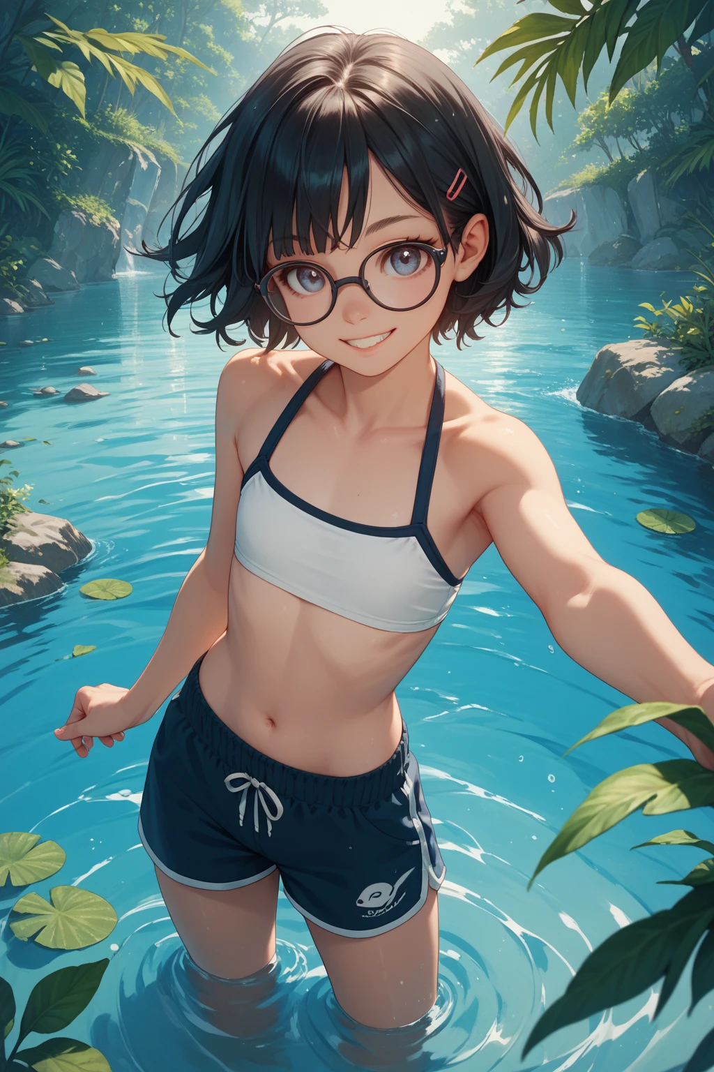 highest quality、Realistic、female、zoom、Chestnut Hair、Blue Eyes、short hair、athlete、muscle、Swimwear、athlete、muscle、Abdominal muscles、Glasses、Sunburned、Tan、Brown Skin、From below、smile、Ocean、Looking down、、Small breasts、Bust Shot、　