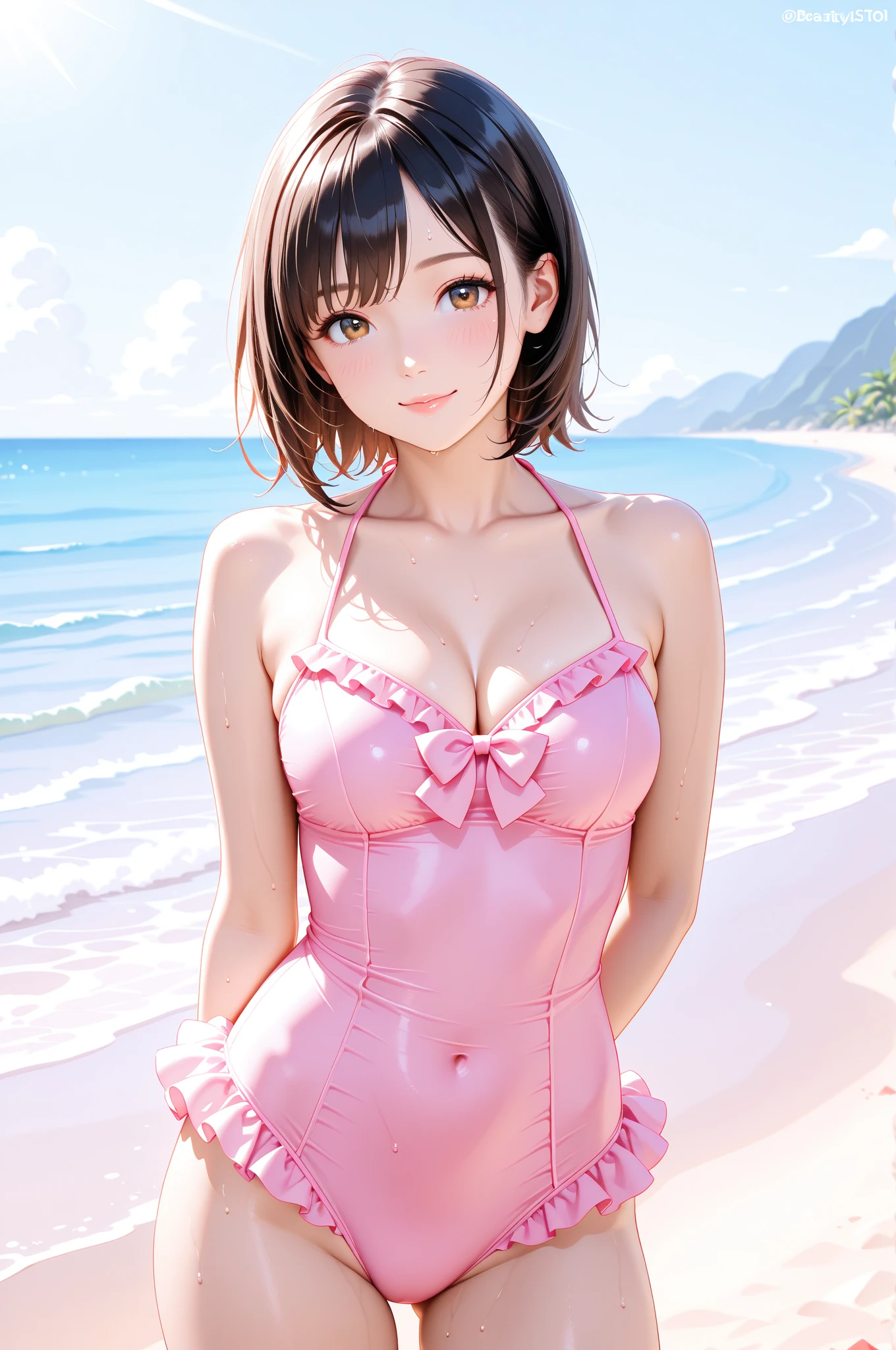 Masterpiece、High quality photo、8k、high school girl、、smile、Dark Brown Hair、Short Bob、Standing posture、White sheer blouse、You can see through her pink bra、Pink tartan check pleated mini skirt、Micro mini skirt 20cm above the knee、White over-the-knee socks、Standing on tiptoes、Panty flashing、Station platform