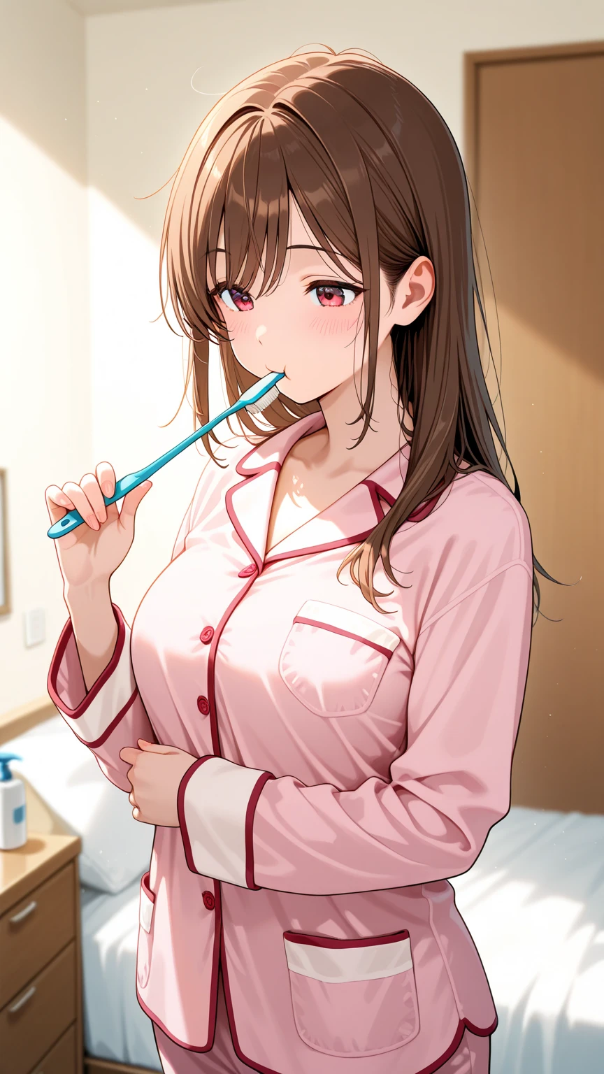 girl brushing her teeth in her work uniform