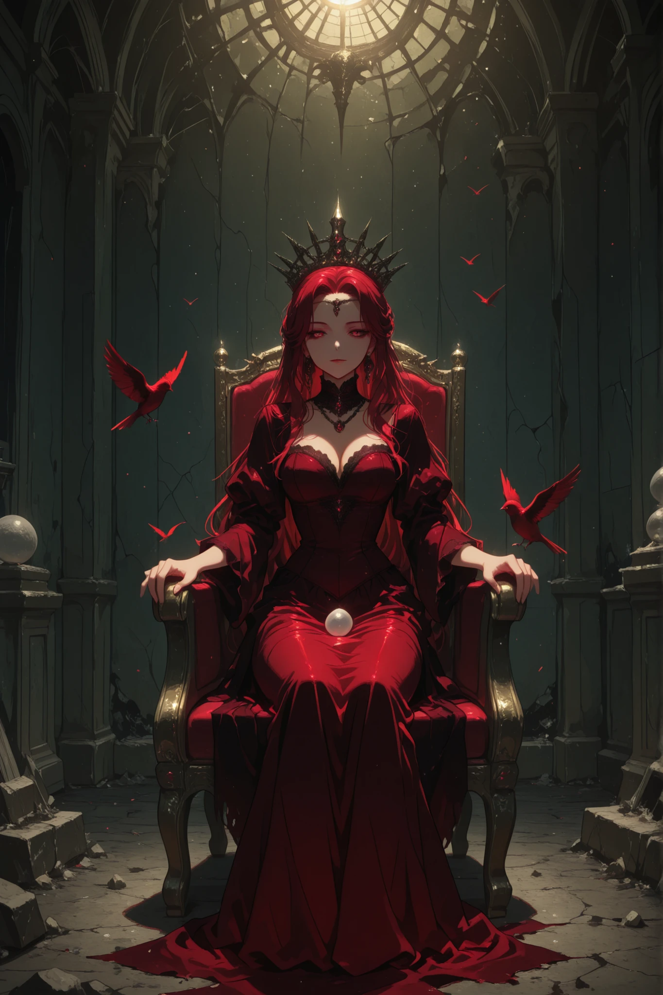 masterpiece, high resolution, detailed photo, noble lady in a silk dress with lace, majestic pose on the marble throne, thin fingers on a golden flute, loose red curls, pearl jewelry, ruined throne room, cracked frescoes, falling light through the broken roof, Birds in flight, a romantic atmosphere